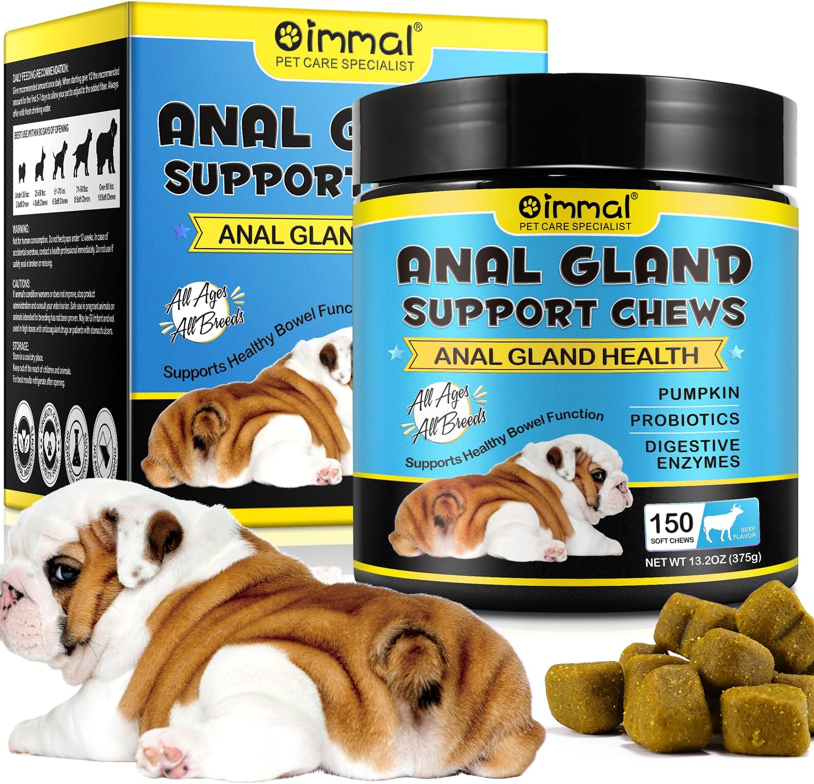Anal Gland Soft Chew Treats, Dog Fiber Supplement for Anal Glands with Pumpkin, Digestive Enzymes, Gland Support Soft Chews for Dogs Digestive & Gut Health, Normal Bowel Function