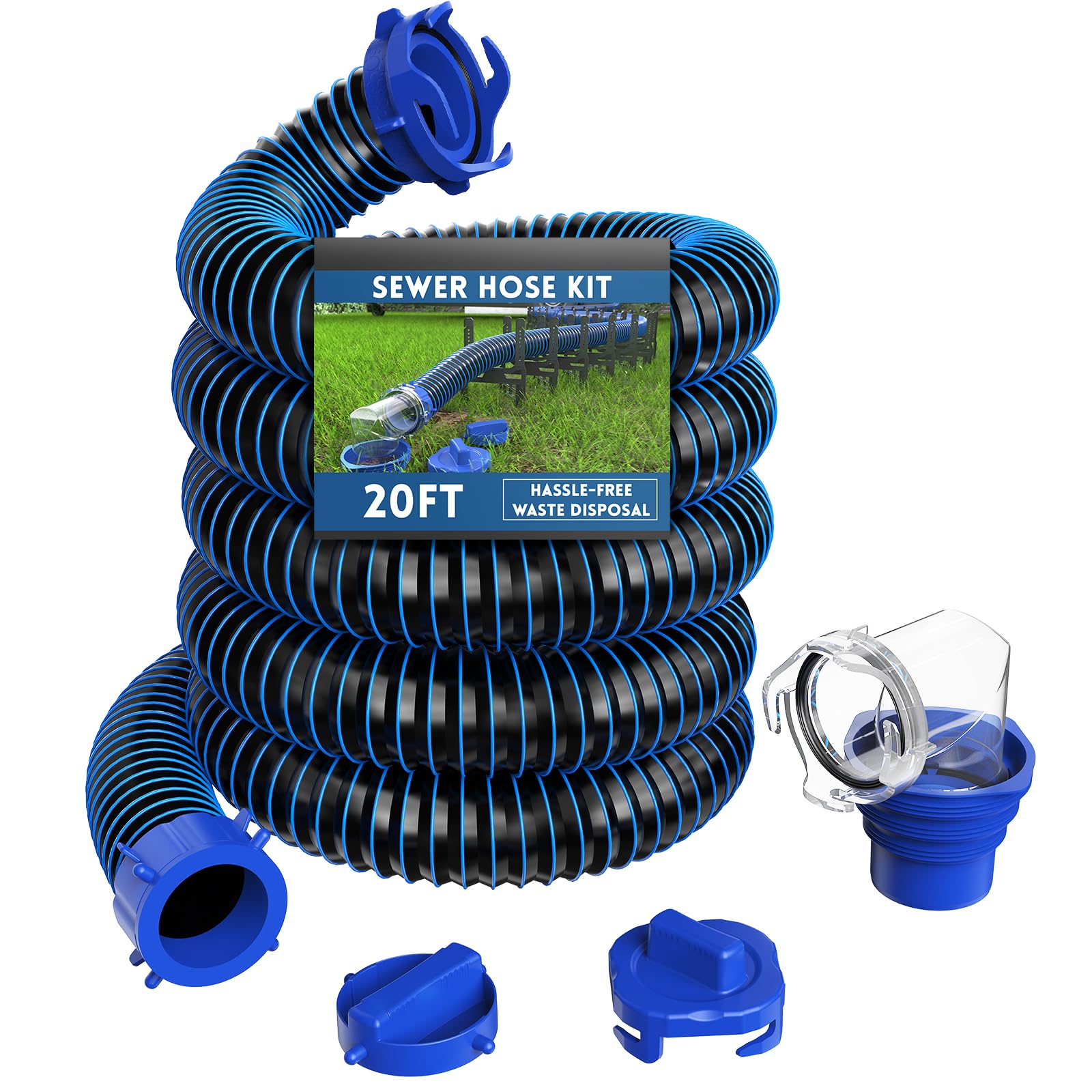 Photo 1 of DUMPMAN RV Sewer Hose 20 Ft, Sewer Hose for RV Camper, RV Sewer Hose Kit with Swivel Fitting - Includes 90 Degree Clear View Sewer Adapter, and 2 Storage Caps