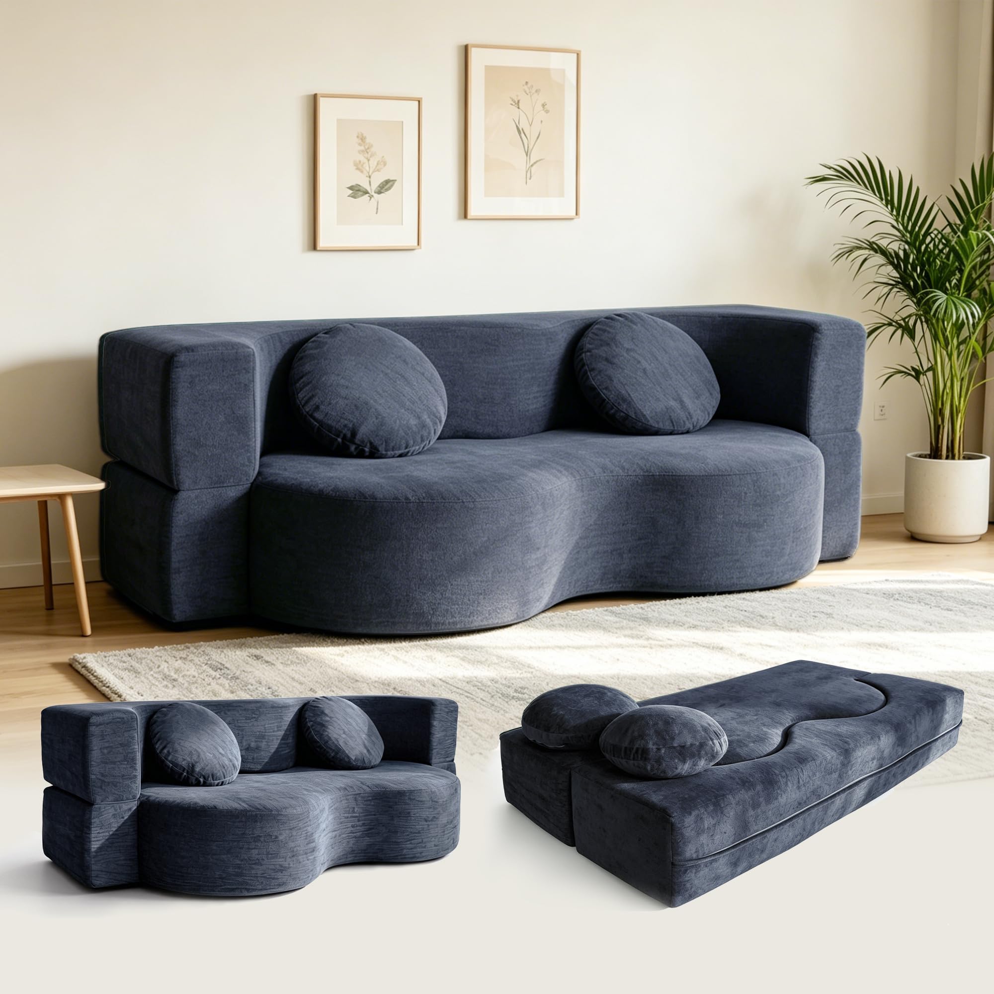 Schlafsofa 200cm Breit, Bodensofa Bed mit Pillow Back Support Armrest mit Kuscheliger Chenille-Stoff, 3-Sitzer Sofa mit Schlaffunktion für Wohnzimmer, Apartment, Schlafzimmer, Blaugrau