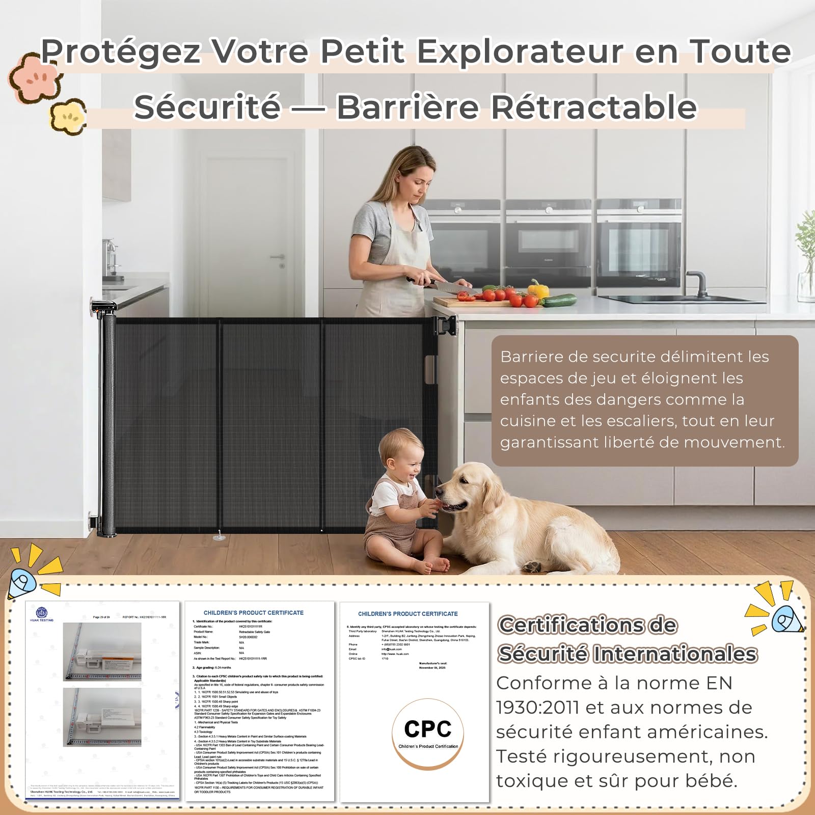 Ycozy Barriere de Securite Enfant sans Perçage 0 à 150cm, Rétractable Barriere de Securite Chien avec Barres Renforcées Empêcher Barriere Escalier Enroulable pour Escaliers, Intérieur et Extérieur
