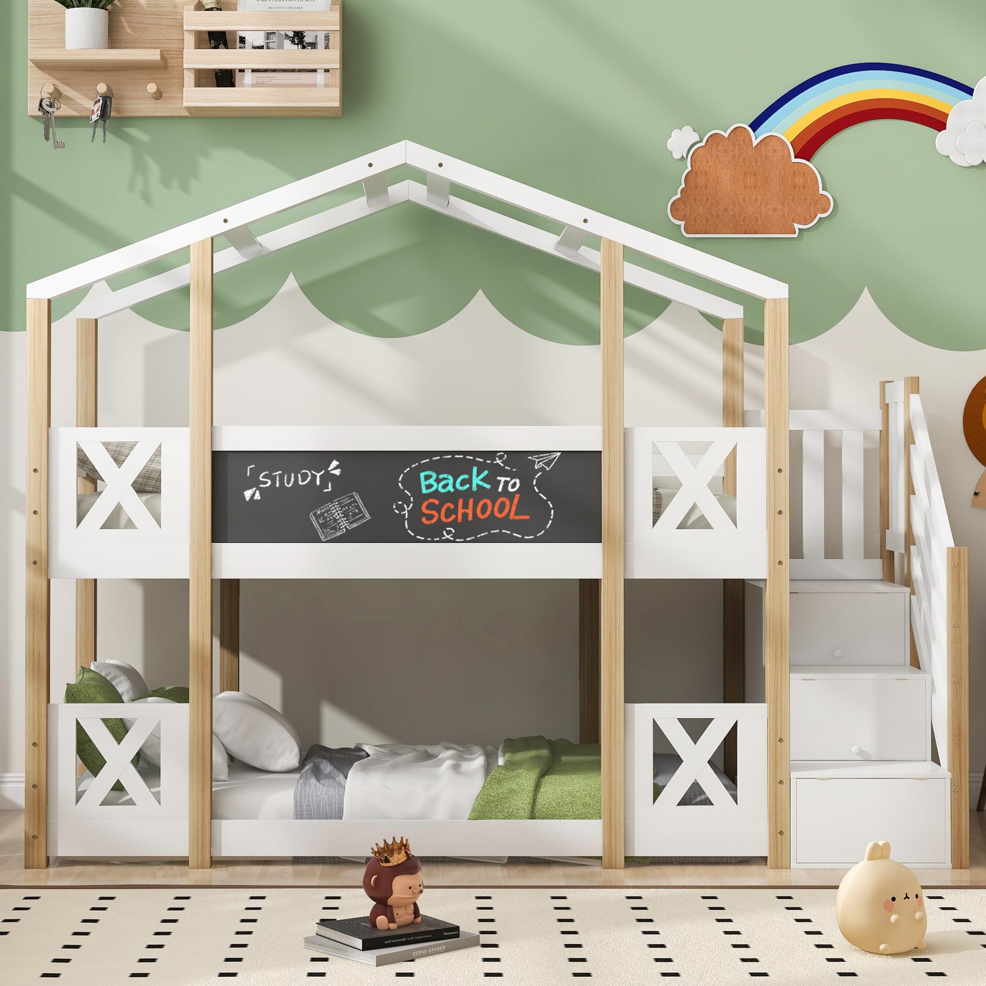 Lit superposé pour Enfants 90 x 200 avec échelle, Lit Cabane Enfant avec Tableau, Lit Cabane Enfant Arbre avec Rangement et Barrières de Sécurité, Blanc et Naturel