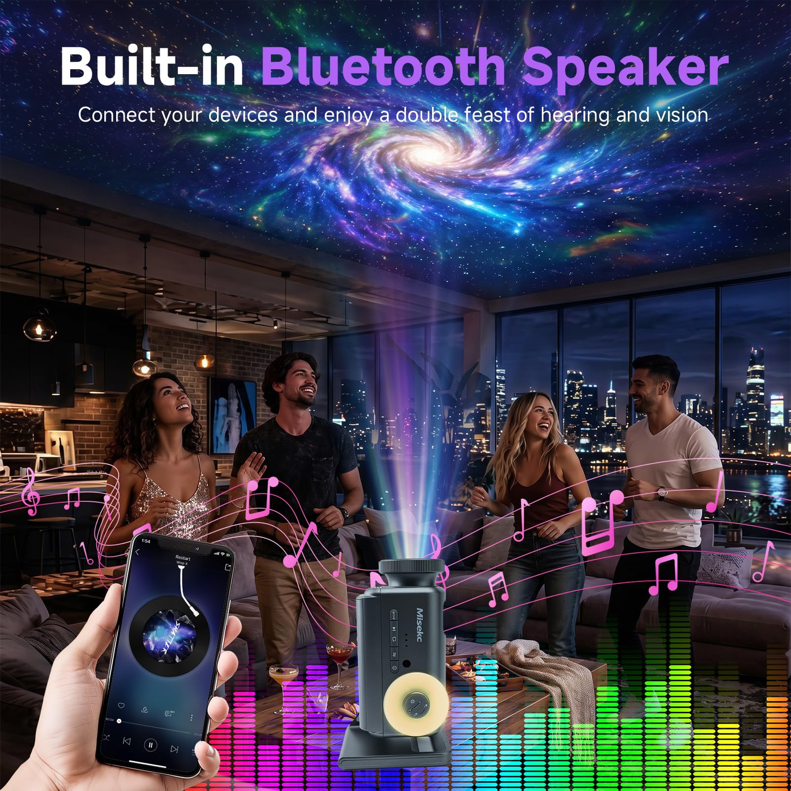 Projecteur 3D, 60 thèmes HD 3D Galaxy avec haut-parleur Bluetooth et télécommande, minuterie 1h/2h, veilleuse pour chambre à coucher, décoration d'intérieur, fête, cadeau d'anniversaire pour