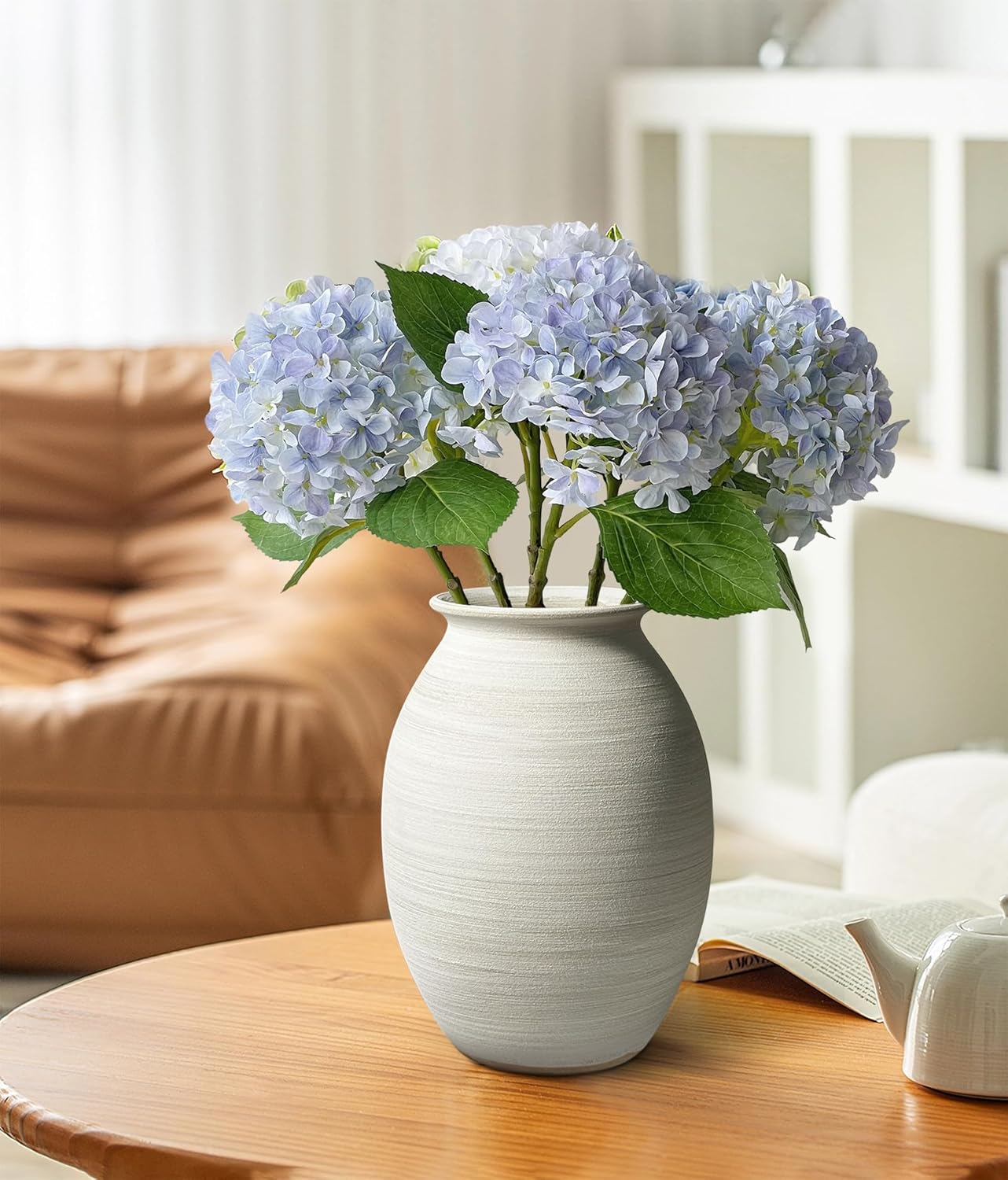 Textured Matte White Rustic Ceramic Vase Handmade Whitewashed Pottery Jar for Farmhouse, Table Centerpiece Holds Fresh/Dried Flowers, Neutral Home Decor, 9 inch Retro Vase for Eucalyptus, Olive