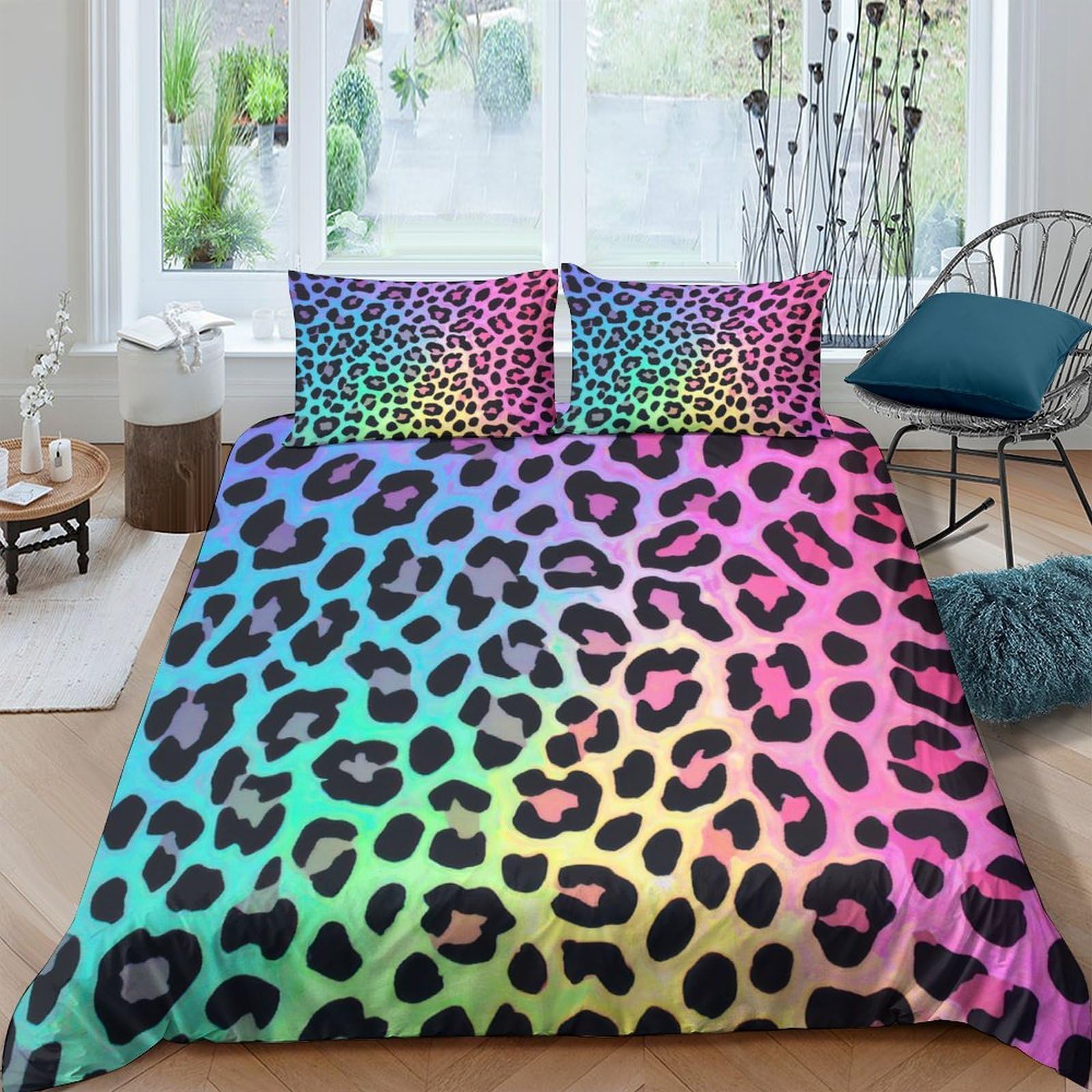 3D Print Skin-Friendly Microfibre Rainbow leopard print Bed Quilt Cover Easy Care Bedding Pillowcases Vibrant animal Quilt Cover Set All Season Breathable Washable Home Decor Single(140x200cm)