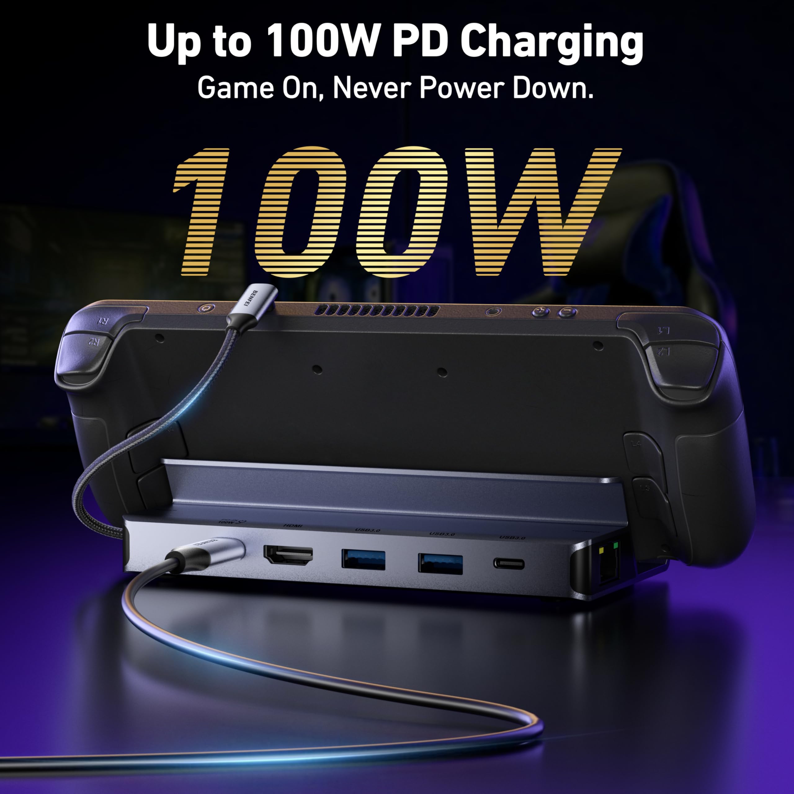 BENFEI Station d'accueil Steam Deck, Dock pour Steam Deck (OLED)/ROG Ally/Legion Go, Hub USB C 6-en-1 avec HDMI 4K@60Hz, Ethernet 1 Gbit/s, 1x USB-C, 2X USB 3.0, Charge PD 100W
