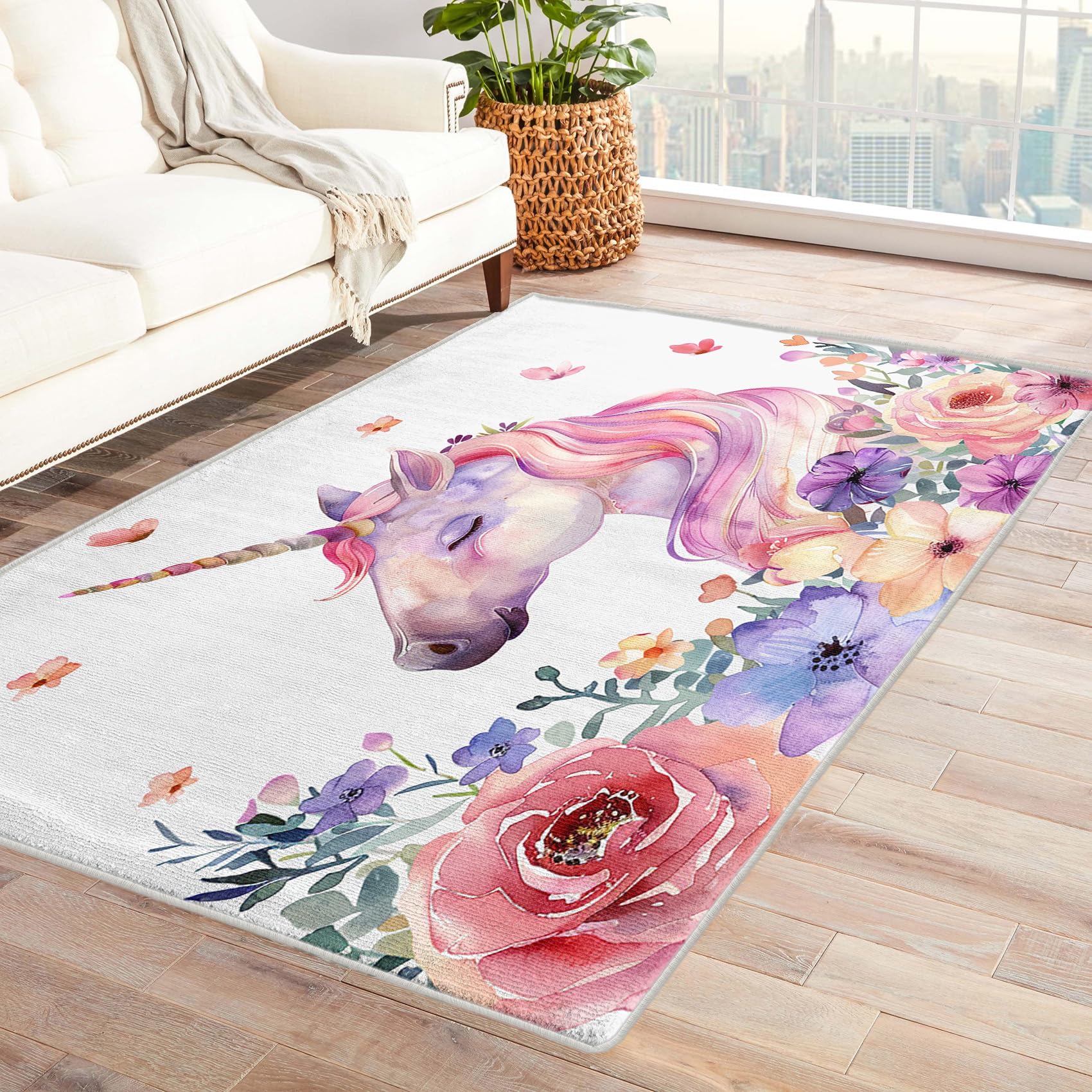 Unicorn Rugs for Girls Room - Rainbow Unicorn Rug, Kids Colourful Flowers Rugs for Living Room Bedroom, Washable Non Slip Soft Large Carpet, Patterned Area Rugs & Home Decor 160x230 cm