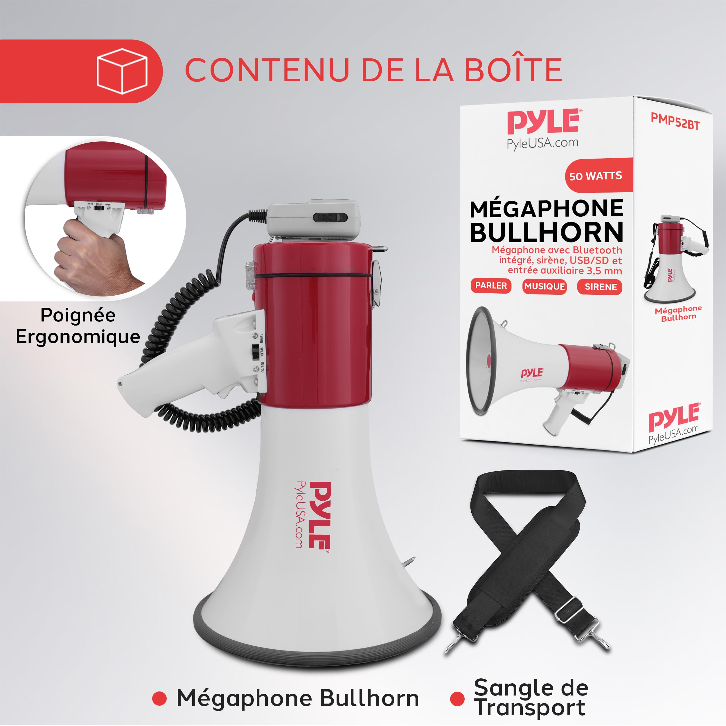 Pyle Mégaphone Porte-Voix 50W -Haut-Parleur Mégaphone avec Sirène Intégrée, Contrôle de Volume Réglable, Portée 1100 m –pour Événements Sportifs, Entraîneurs, Manifestations, Sécurité, Urgences