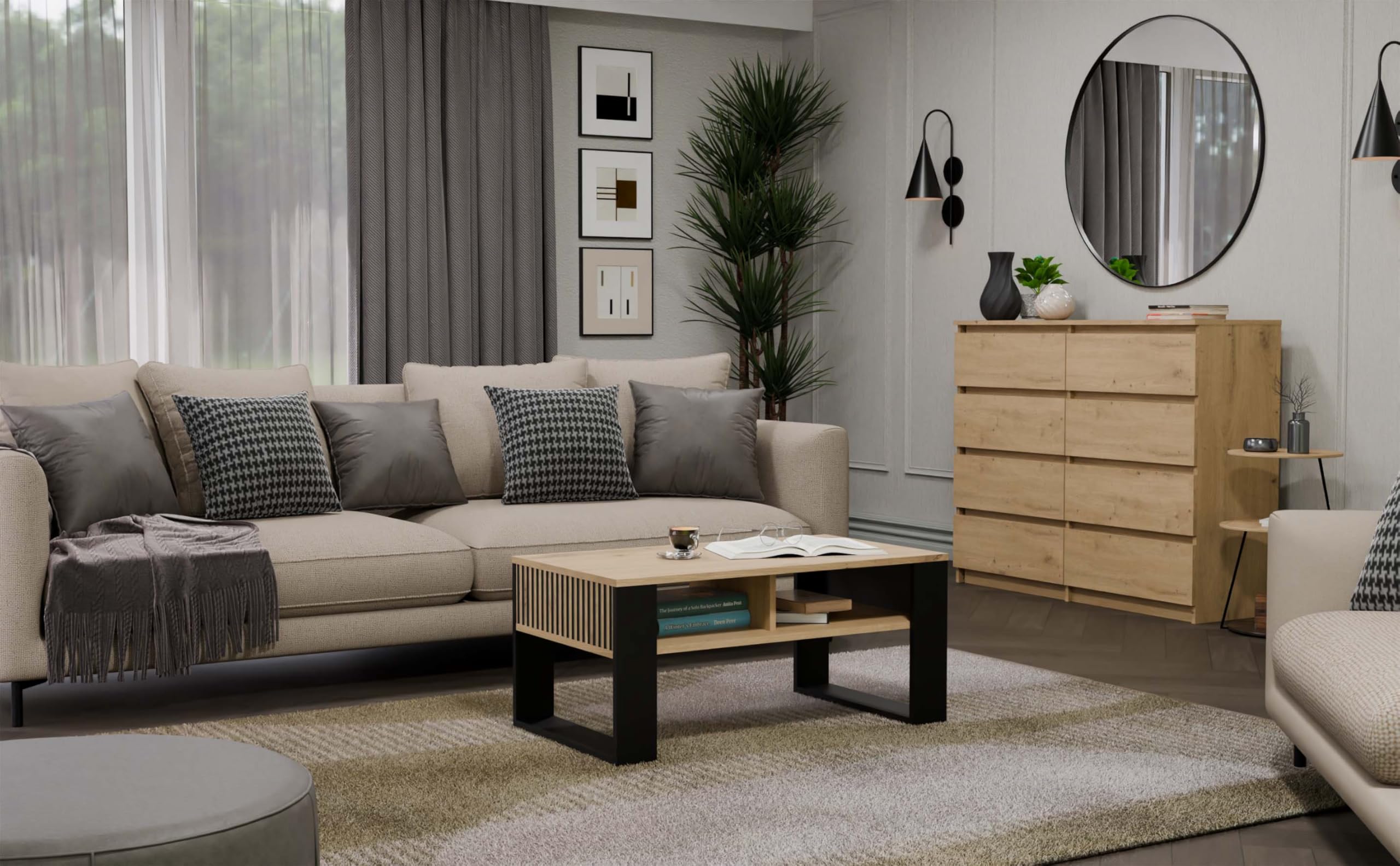 CDF Moderner Couchtisch mit Lamellen-Optik Wohnzimmertisch mit 2 Ablagen, Loft Beistelltisch Kaffeetisch Geriffelt & Kratzfest, 90 x 58 x 50 cm - Eiche Artisan/Schwarz