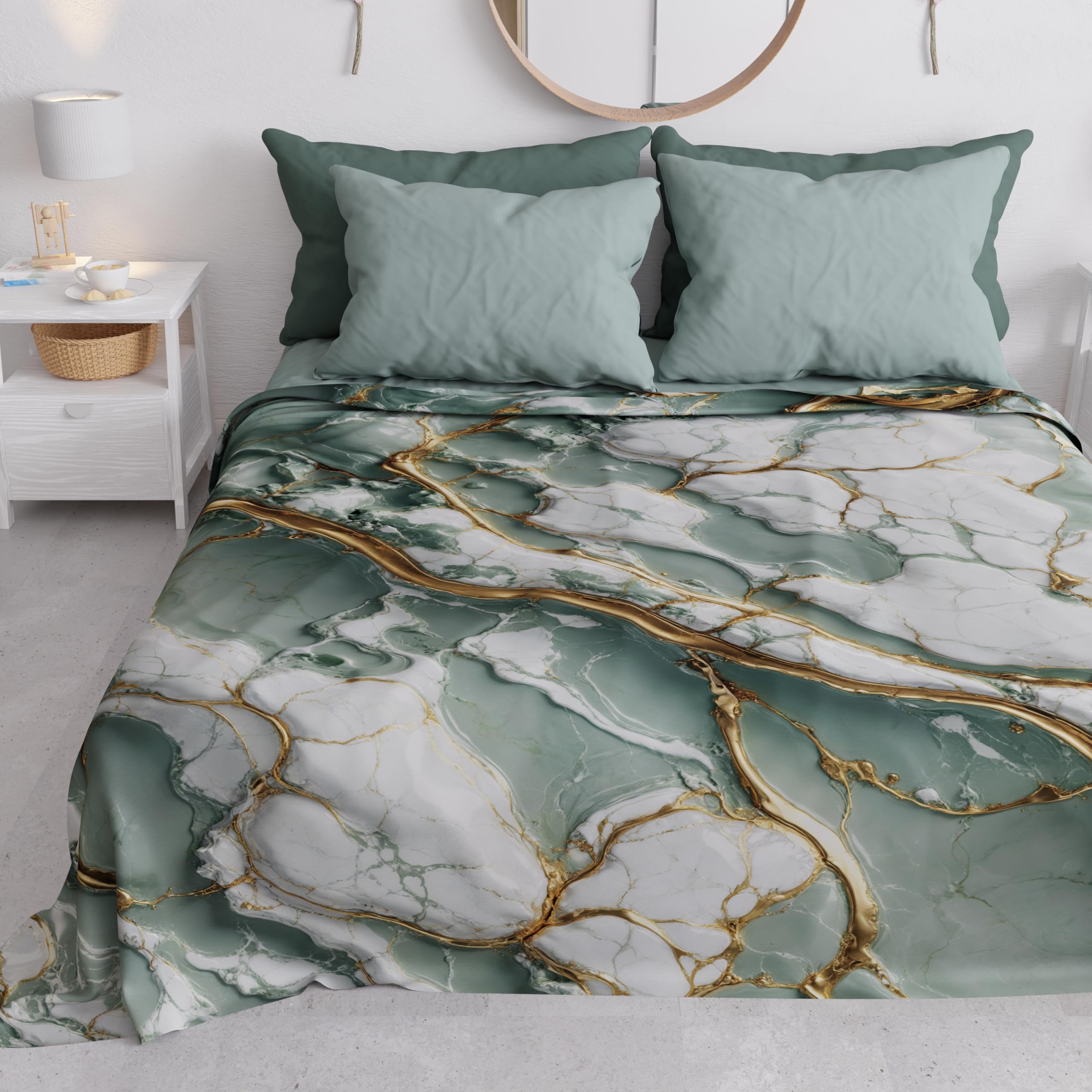 PETTI Artigiani Italiani - Spring-Summer Double Bedspread Light Blanket Queen Size Bed Sheets Sage Marble 100% Made in Italy