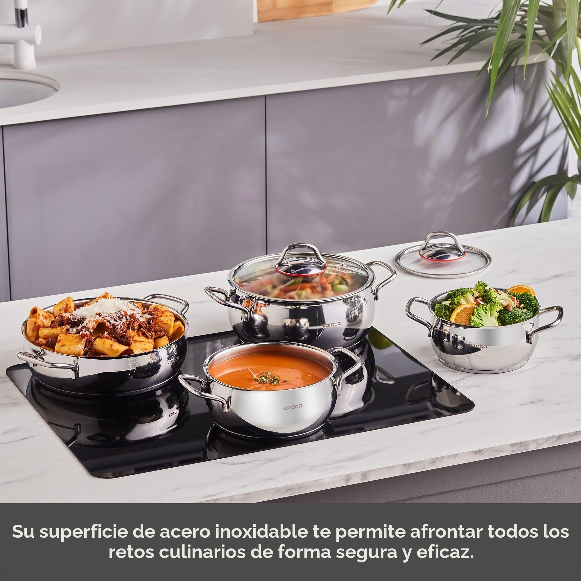 Karaca Emirgan - Batería de cocina de 8 piezas de acero inoxidable apta para inducción, con tapa de cristal y ollas de acero inoxidable