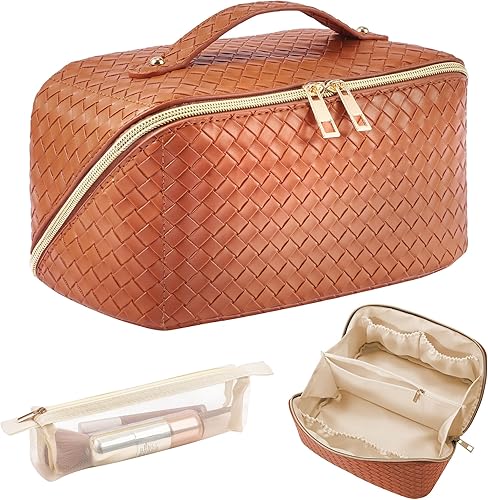 Bolsa de maquillaje de viaje de gran capacidad bolsa de cosméticos portátil para mujer, organizador de maquillaje plano abierto con asa y divisor