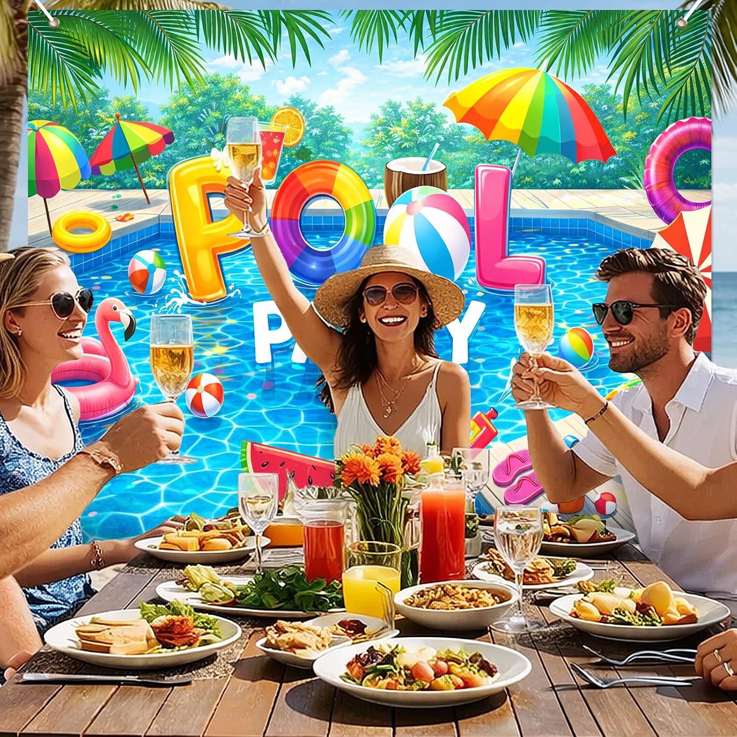 BlissYard Pool Party Backdrop Summer Beach Banner Tropical Swimming Pool Decoration 8x6FT Large Photo Booth Background Birthday Pool Party Decorations Luau Theme Indoor Outdoor Event