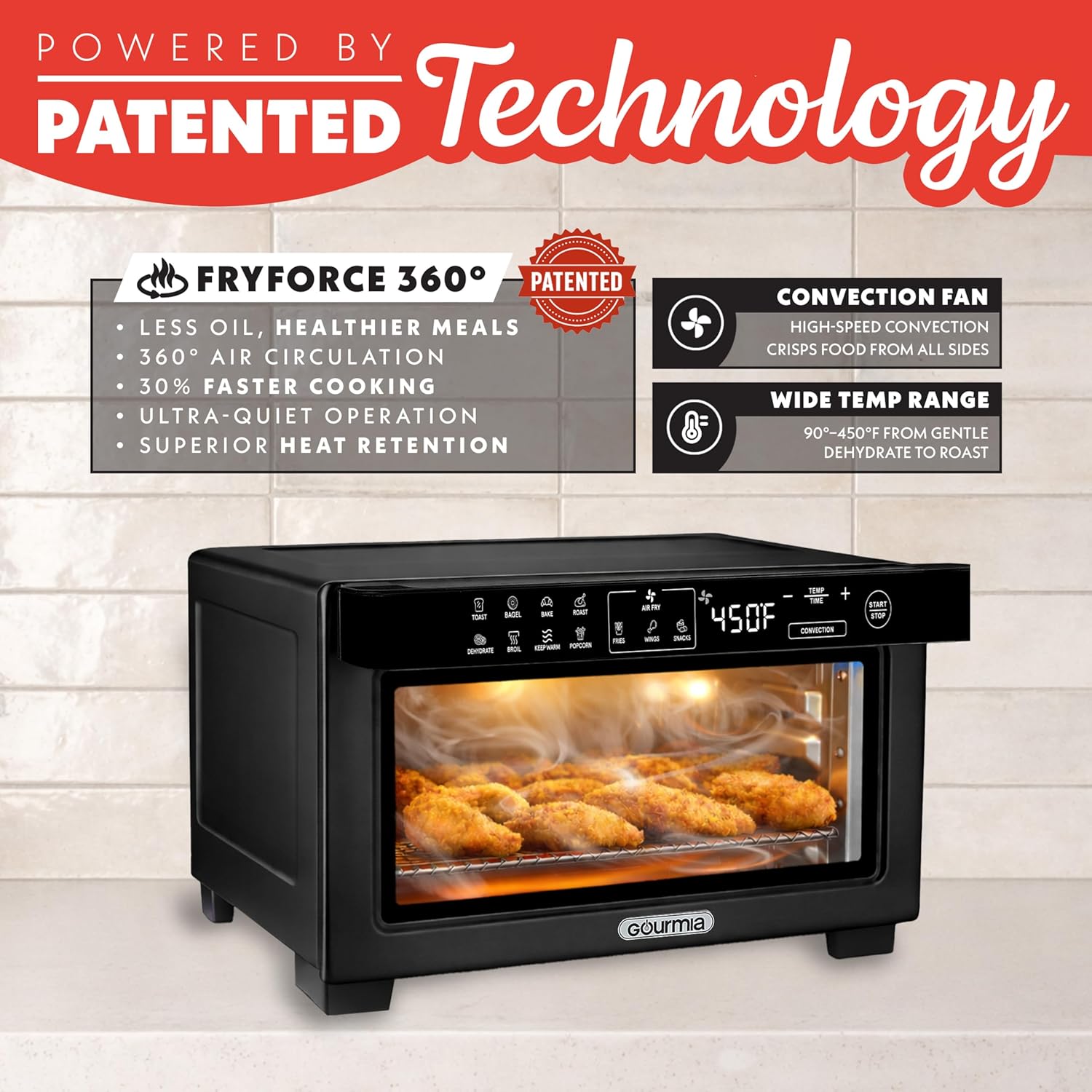 Gourmia Toaster Oven Digital Air Fryer - Convection Mode with 4 Slice Capacity, 3 Rack Positions, 12 Presets, Toast, Bagel, Bake, Roast, Broil, Dehydrate, Popcorn, Fits 9" Pizza, Black