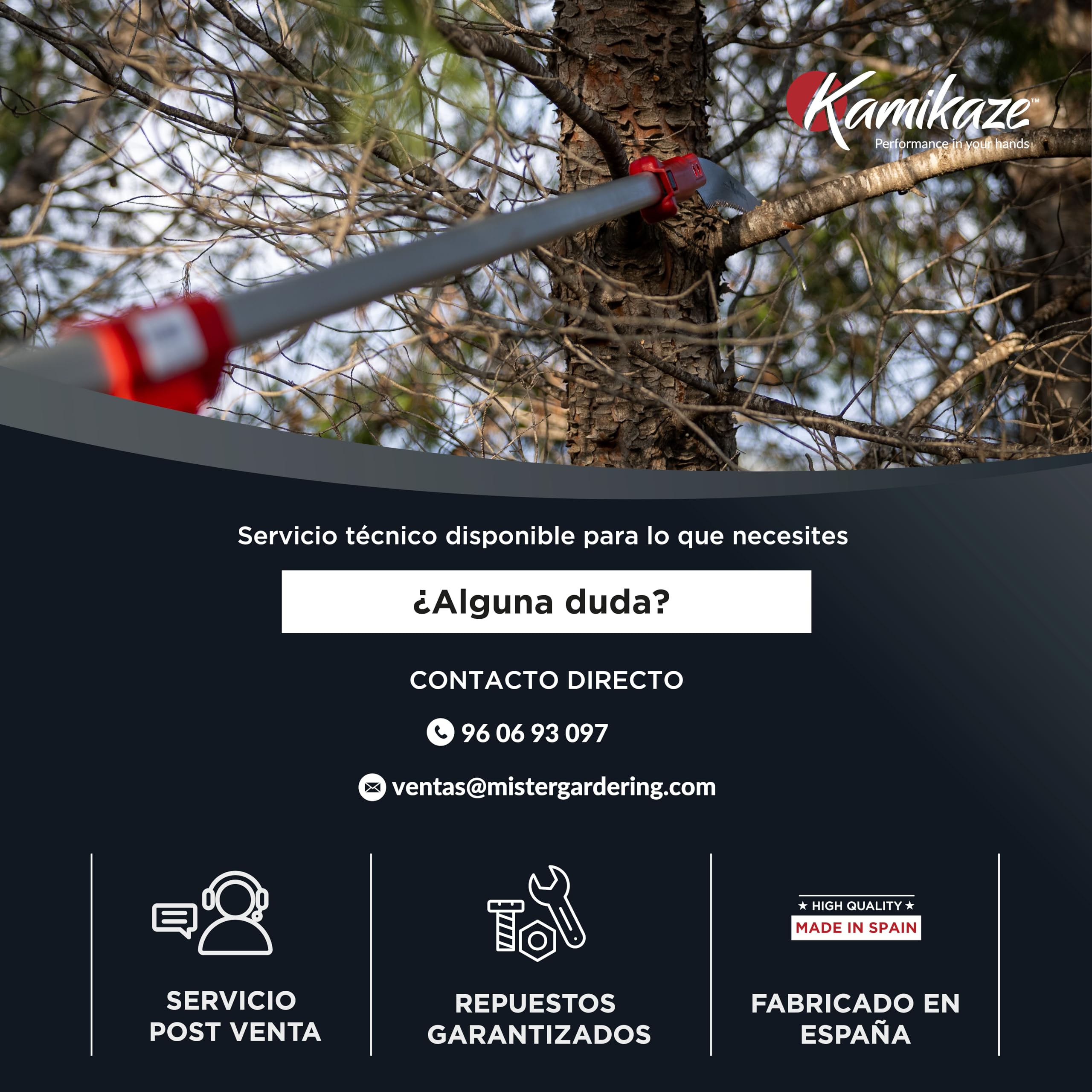 Kamikaze Kit de poda en altura 3 en 1 con pértiga telescópica 6m (3 tramos de 2m), tijera bypass MT-63 y serrucho MT-330 intercambiables, cabezal giratorio 200º, corte ramas hasta 80mm, hoja SK5