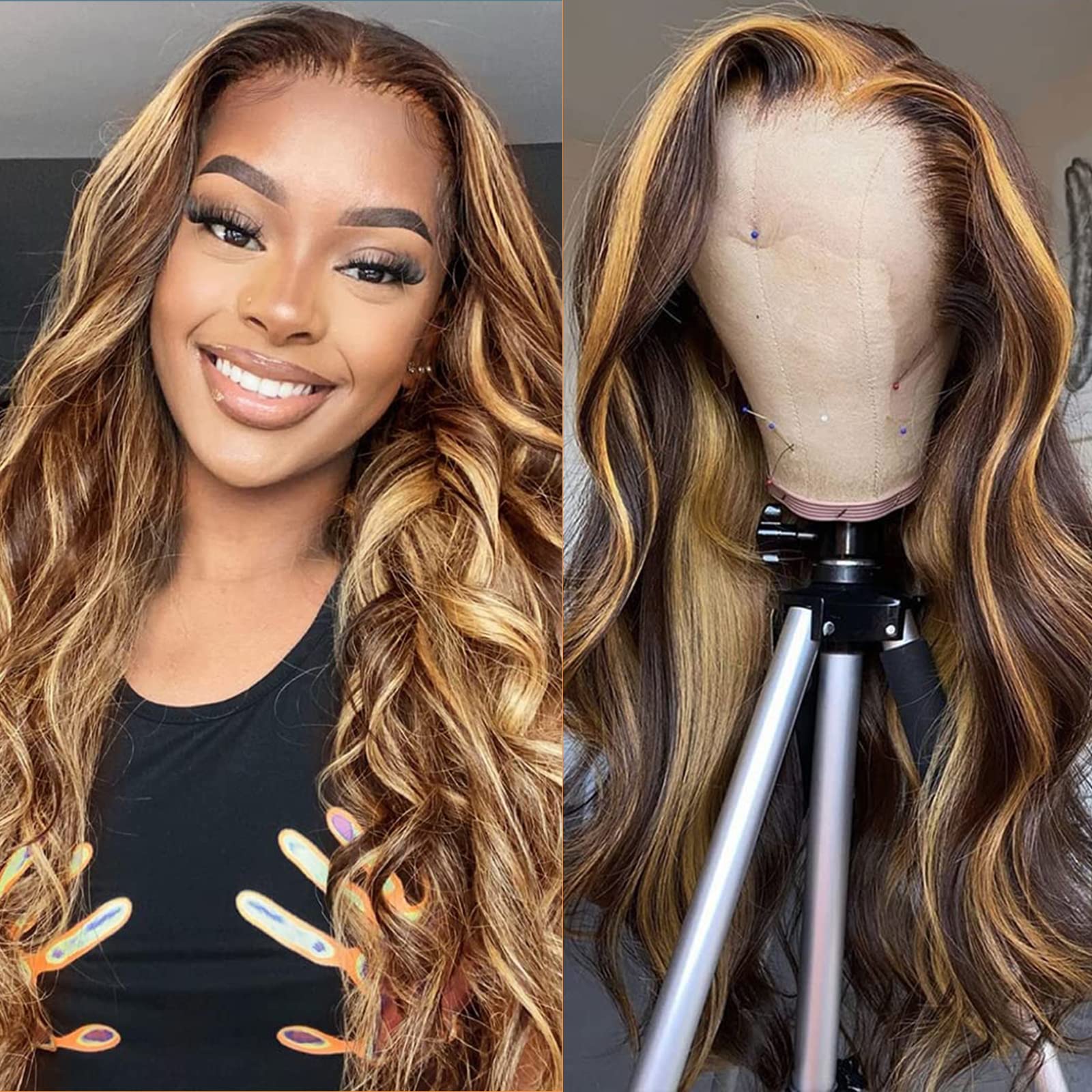 Ombre Lace Front Wig Human Hair 4/27 Highlight Honey Blonde 13x4 HD Transparent Lace Front Wigs Human Hair Pre Plucked Colored Glueless Body Wave Frontal Wigs for Women 150% Density 22 Inch