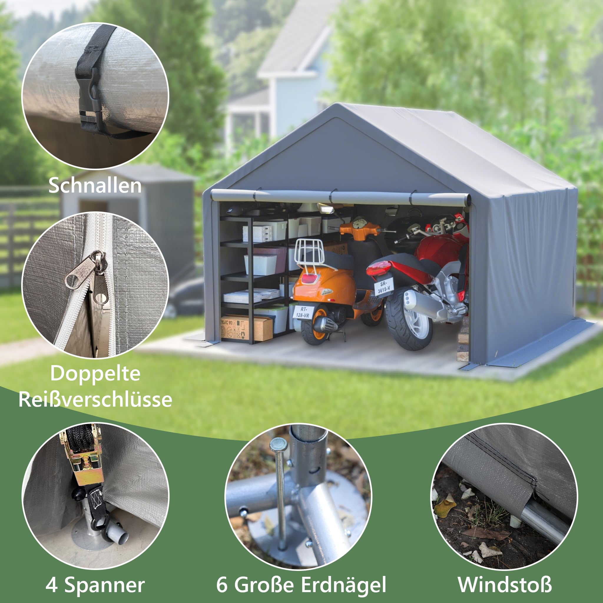 Geräteschuppen Fahrradgarage Wasserfestes PE Geräteschuppen, Outdoor-Zelt 10x10FT Garagenzelt, Gartenhaus Lagerzelt Fahrradschuppen Werkzeugzelt Lagergarage, Faltbar Grau Garten