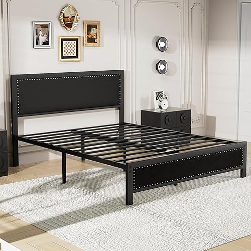 Miniatura 6 de VECELO Base de cama tamaño matrimonial con cabecera tapizada, plataforma resistente con listones de metal fuertes, no necesita somier, fácil