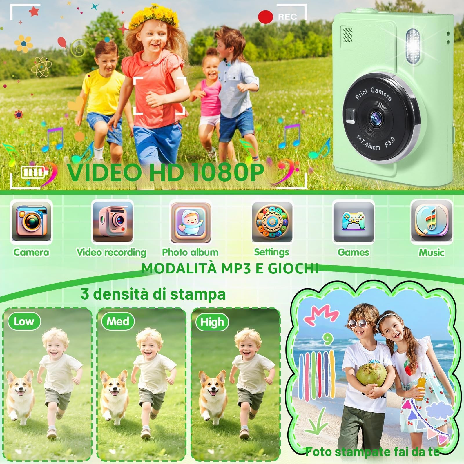 Macchina Fotografica Bambini Istantanea,2.4 Pollici 1080P Fotocamera Digitale Bambini con 32GB e 6 Rotoli di Carta da Stampa,Fotocamera,per Bambine i dai 3-12 Anni