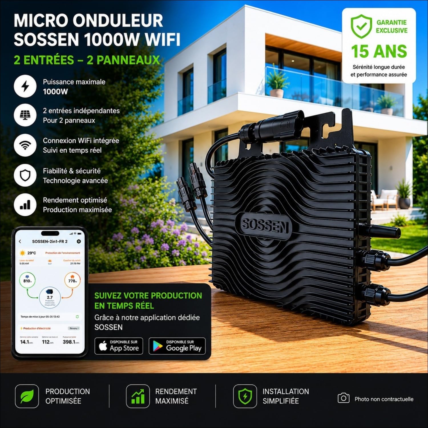 Micro-onduleur 1000W SOSSEN 25A – WiFi & Bluetooth – pour 2 Panneaux Solaires + Câble AC Plug&Play 5m