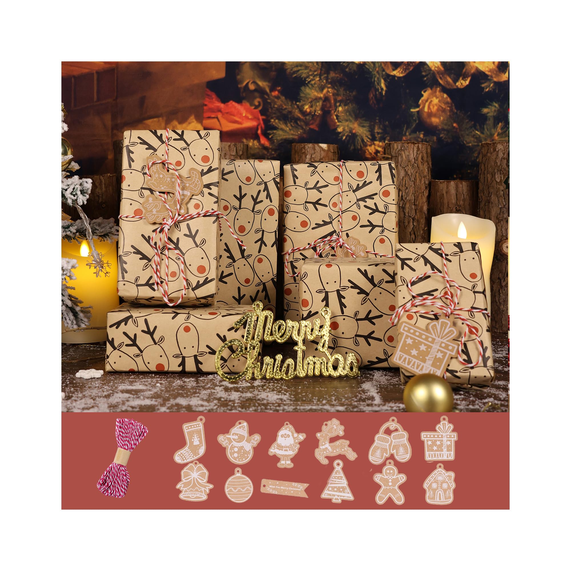 Christmas Wrapping Paper Roll 43x1000cm, Recyclable Kraft Wrapping Paper Xmas With Ribbon and Tags, Vintage Gold Wrapping Paper Sheets Set for Kids Adult (C-Moose deer)