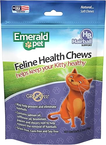 Emerald Pet Feline Health Chews - Soporte de bola de pelo felino natural sin grano - Masticables para control de bolas de pelo - Suplementos de