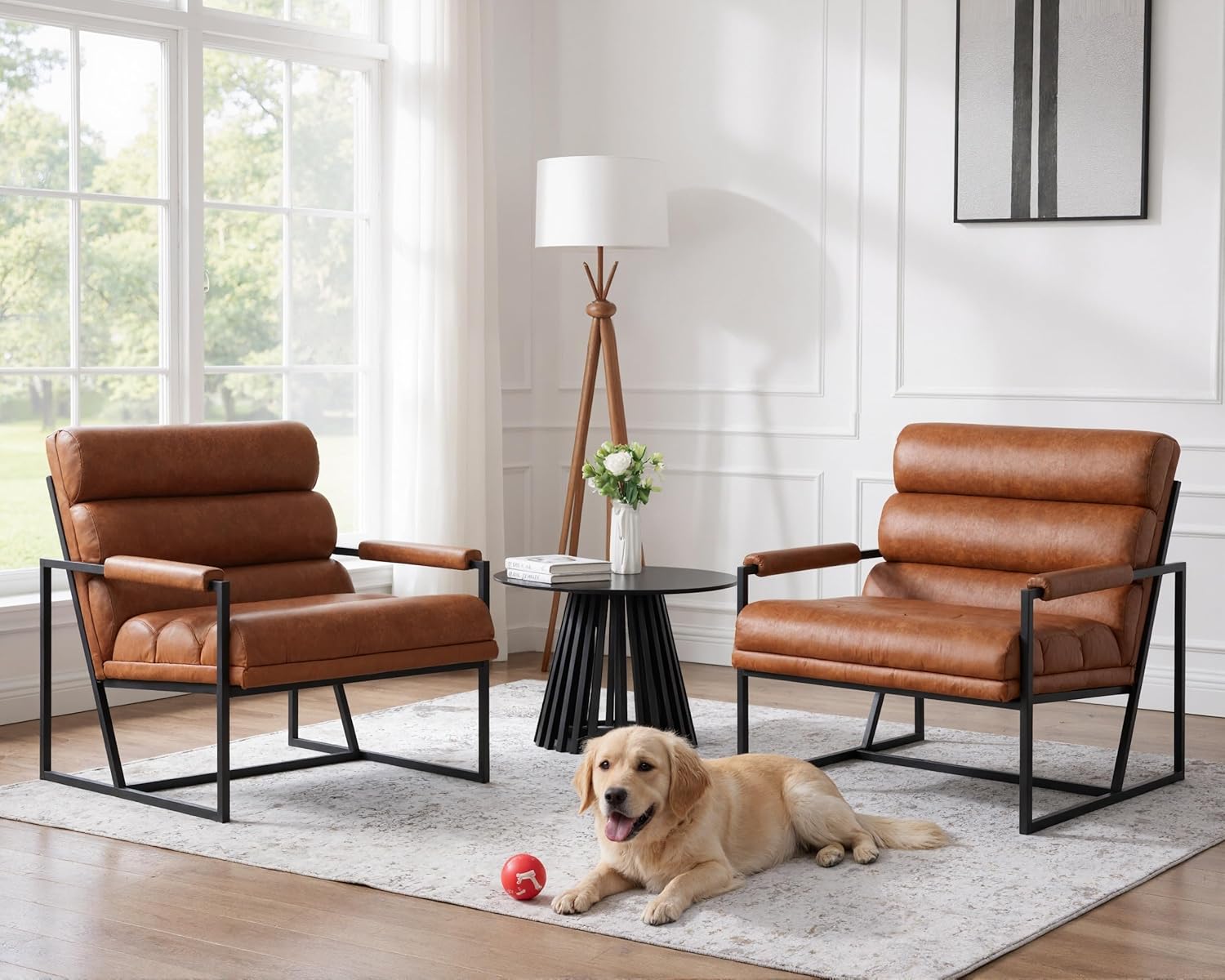 HNY Modern Comfy Accent Chairs Set of 2, Brown PU Leather Channel Tufting Armchairs with Metal Frame for Living Room, Office, Bedroom