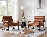 HNY Modern Comfy Accent Chairs Set of 2, Brown PU Leather Channel Tufting Armchairs with Metal Frame for Living Room, Office, Bedroom