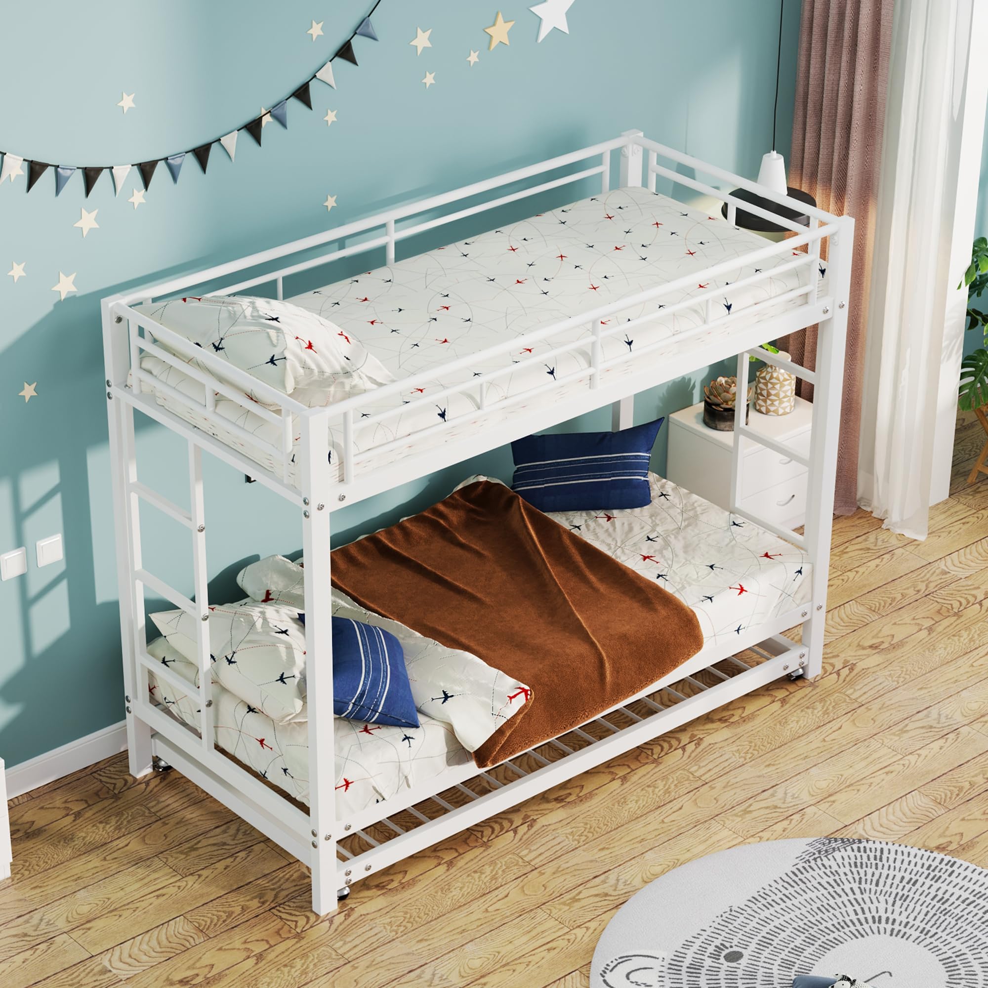 Litera de 90 x 200 cm, Marco de Hierro, Cama Infantil, Equipada con Cama Nido, barandilla Alta, Certificado EN747, construcción Robusta, Color Blanco