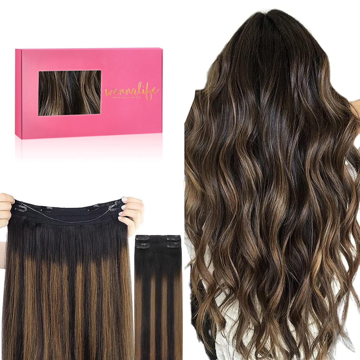 WENNALIFE Wire Hair Extensions (Increase 50% Lifespan) Real Human Hair 20 inch 140g Balayage Natural Black to Chestnut Brown Remy Real Hair Extensions