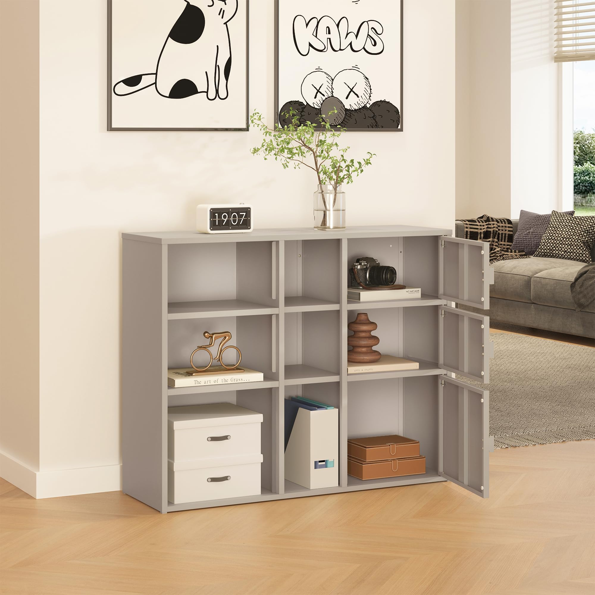 [en.casa] Mobile Contenitore da Ufficio in Acciaio Armadio Portadocumenti con 6 Vani Aperti e 3 Scomparti Chiusi da Ante Scaffale Archivio per Studio Ingresso 100 x 32 x 81 cm - Color Cammello