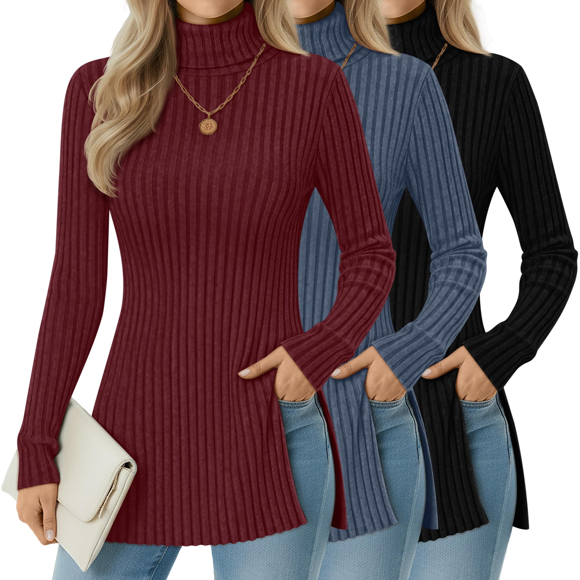 3 Pack Womens Turtleneck Sweaters Side Split Long Sleeve Pullover Ribbed Knit Fall Winter Lightweight Tunic Top