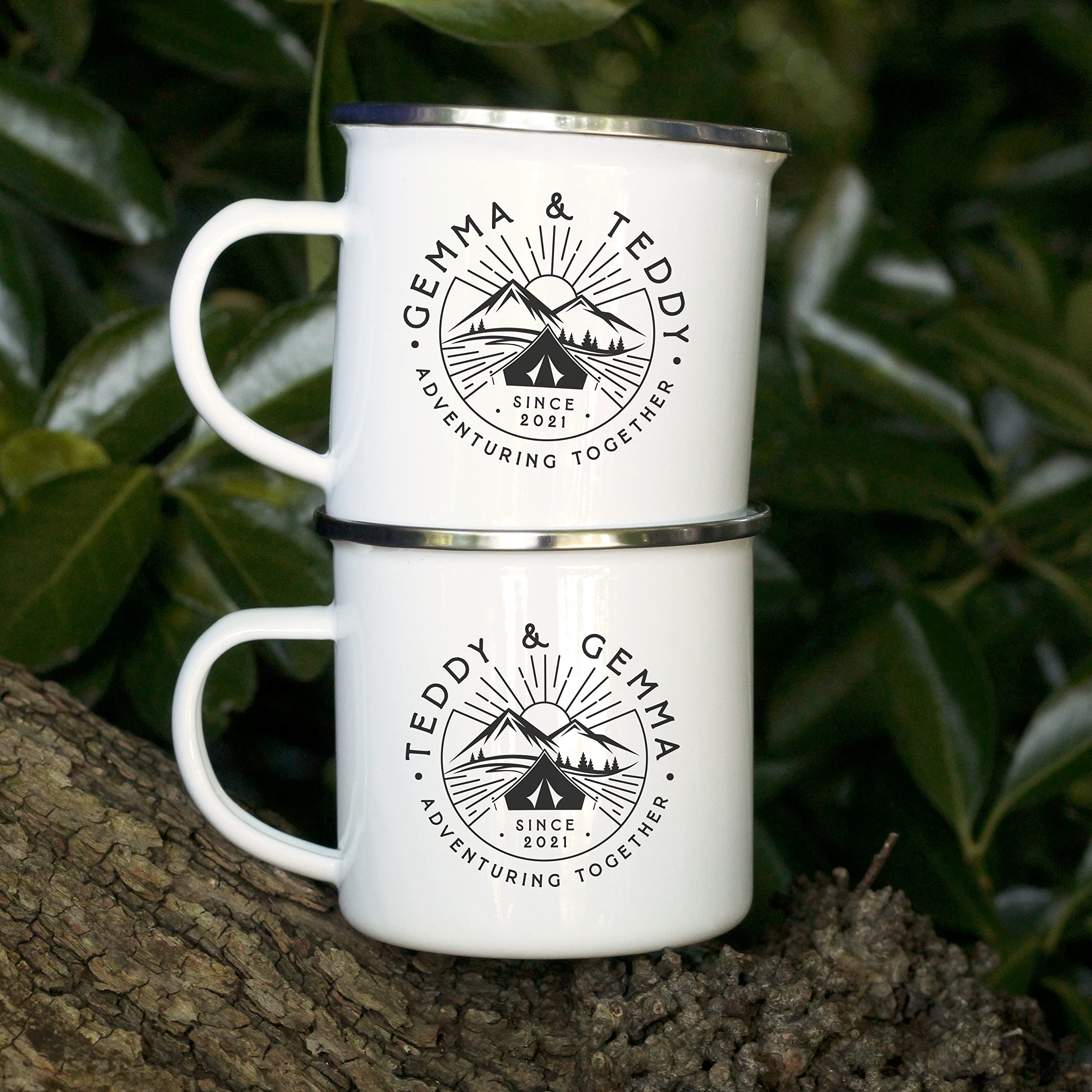 eBuyGB Personalised Adventuring Together Enamel Coffee Mug - 13oz Travel Camping Metal Tea Cup, Couples Gifts, 10th Anniversary Tin Gift (380 ml, 1 Mug)