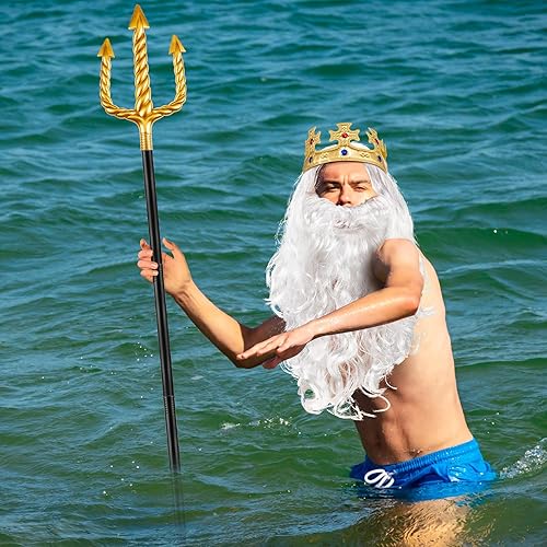Miniatura 5 de Shappy Juego de 4 piezas de accesorio para disfraz de rey Neptuno, peluca blanca y barba, Tridente dorado, corona de rey dorado para disfraz de