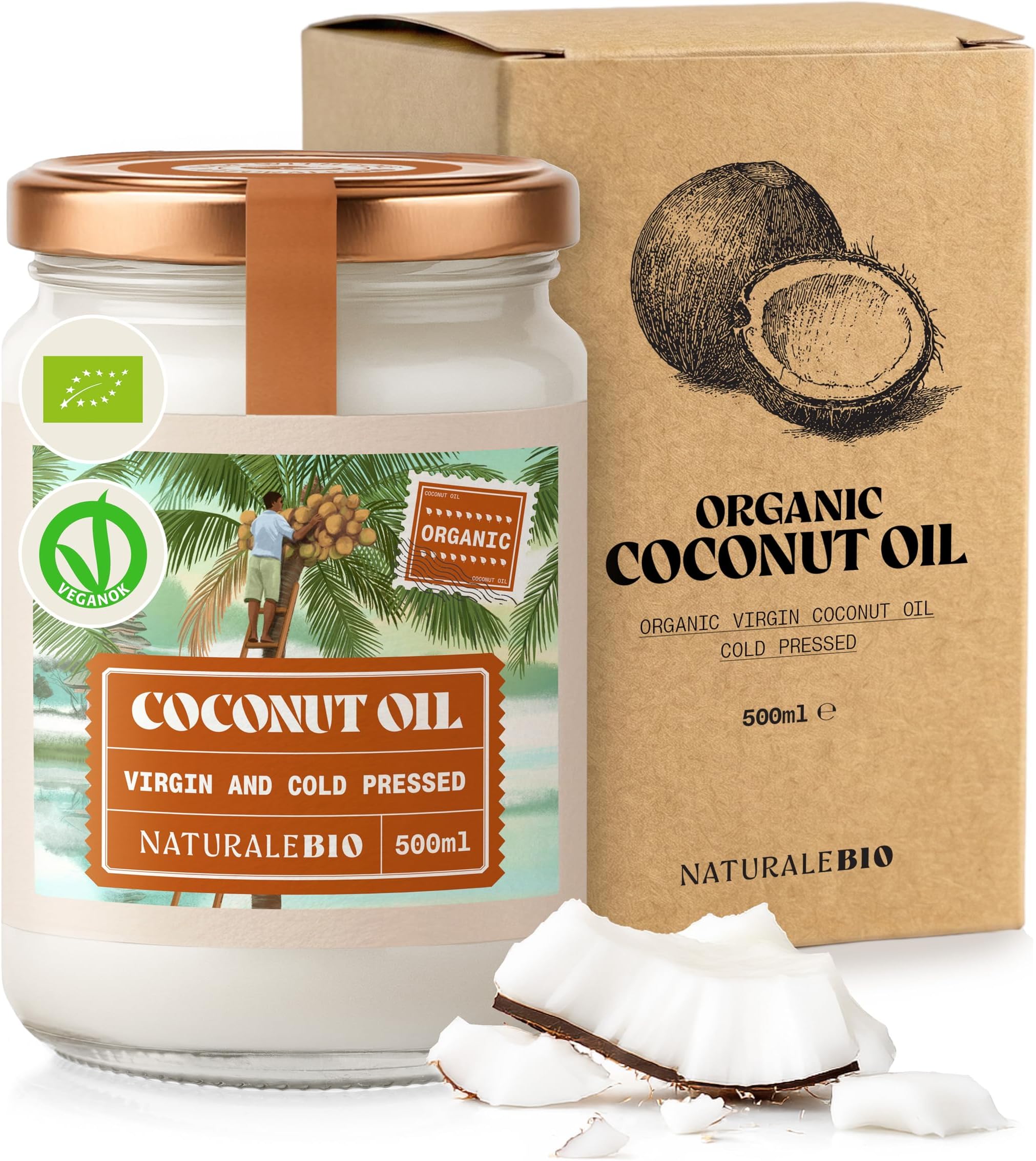 Organic Premium Coconut Oil 500 ml. Raw Cold Pressed. Bio, Extra Virgin, Pure and Natural. Native Unrefined Pure. Country of Origin Sri Lanka.