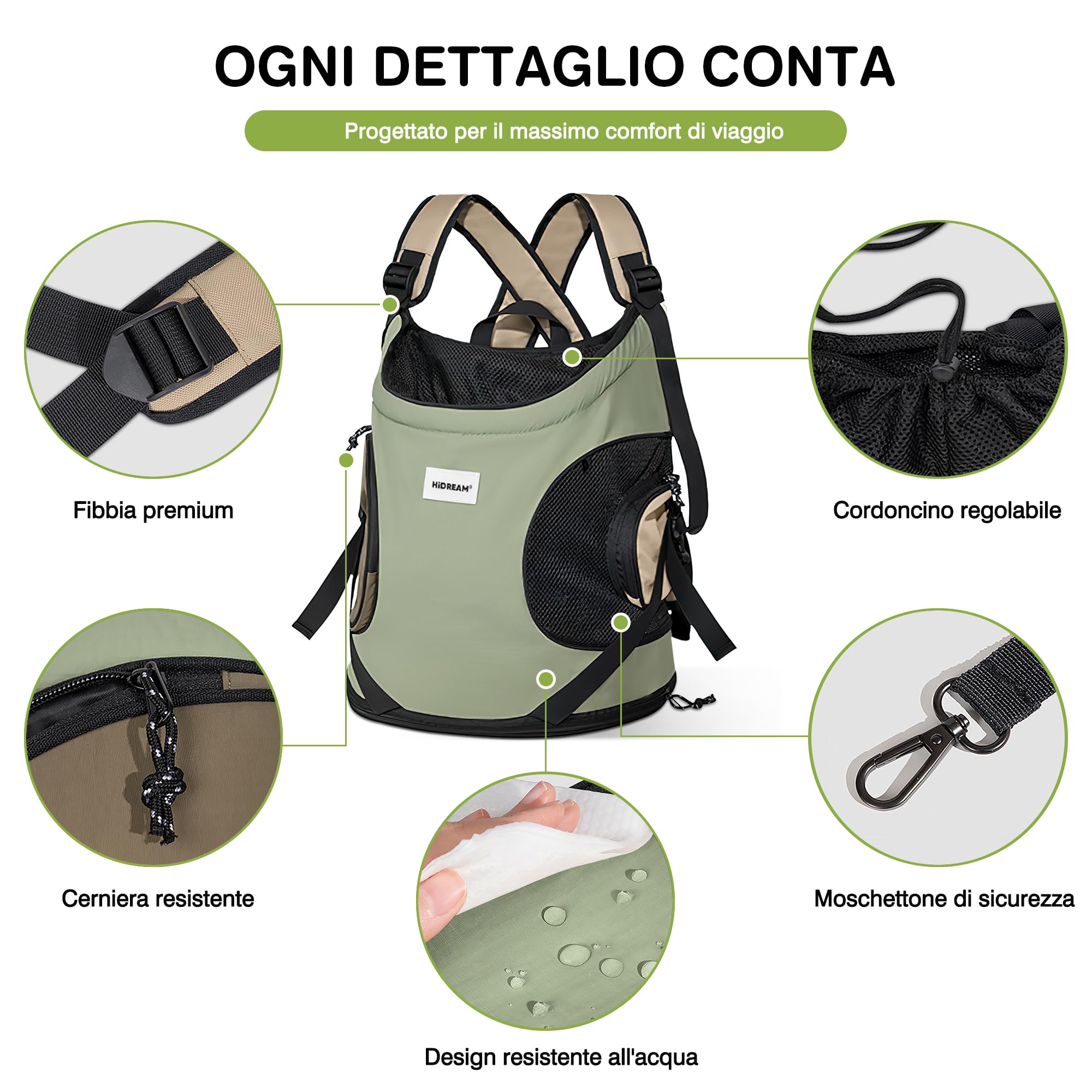 ALLSOPETS Zaino Cani Gatto, Zaino Trasportino Portatile per Animali Domestici, Verde Oliva