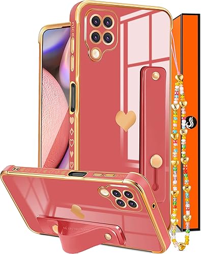 Likiyami Funda 3 en 1 para Samsung Galaxy A12 con diseño de corazón para mujeres y niñas, bonita estética femenina de lujo, bonita con soporte para