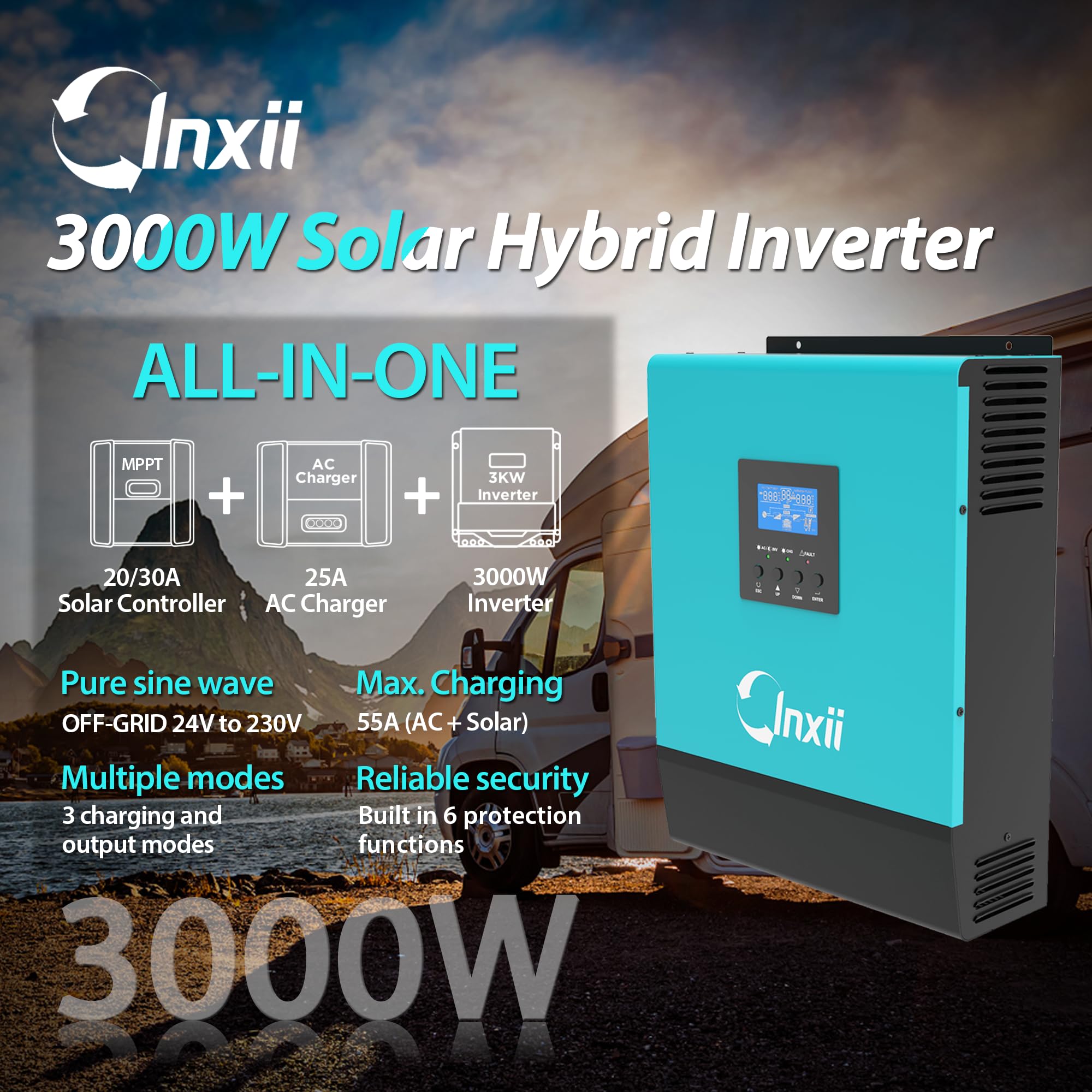 Inxii 3000W Hybrid Wechselrichter 24V Zu 230V – Off-Grid, Reiner Sinus, 50A PWM-Laderegler, Für Blei Und Li-Ion, 4 Modi