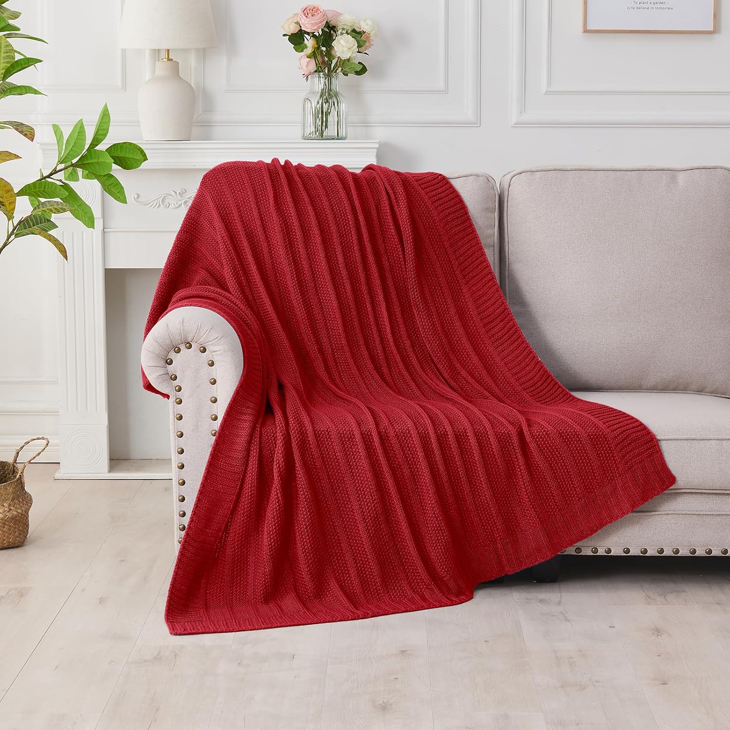 Douceur Christmas Red Throw Blanket for Bed, Soft Cozy Lightweight Stripe Pattern Knitted Throw Blanket for Sofa, Living Room Gift, 50"X60" - Image 4