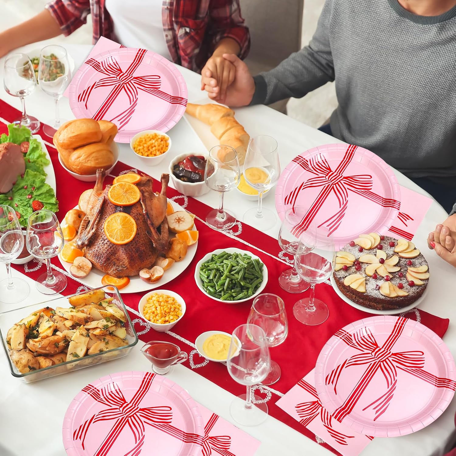 Whaline Valentine' s Day Red Bow Tableware Set Serves 24 Guests Pink Paper Plates with Luncheon Napkin for Party Birthday Baby Shower Table Decor Supplies - Image 4