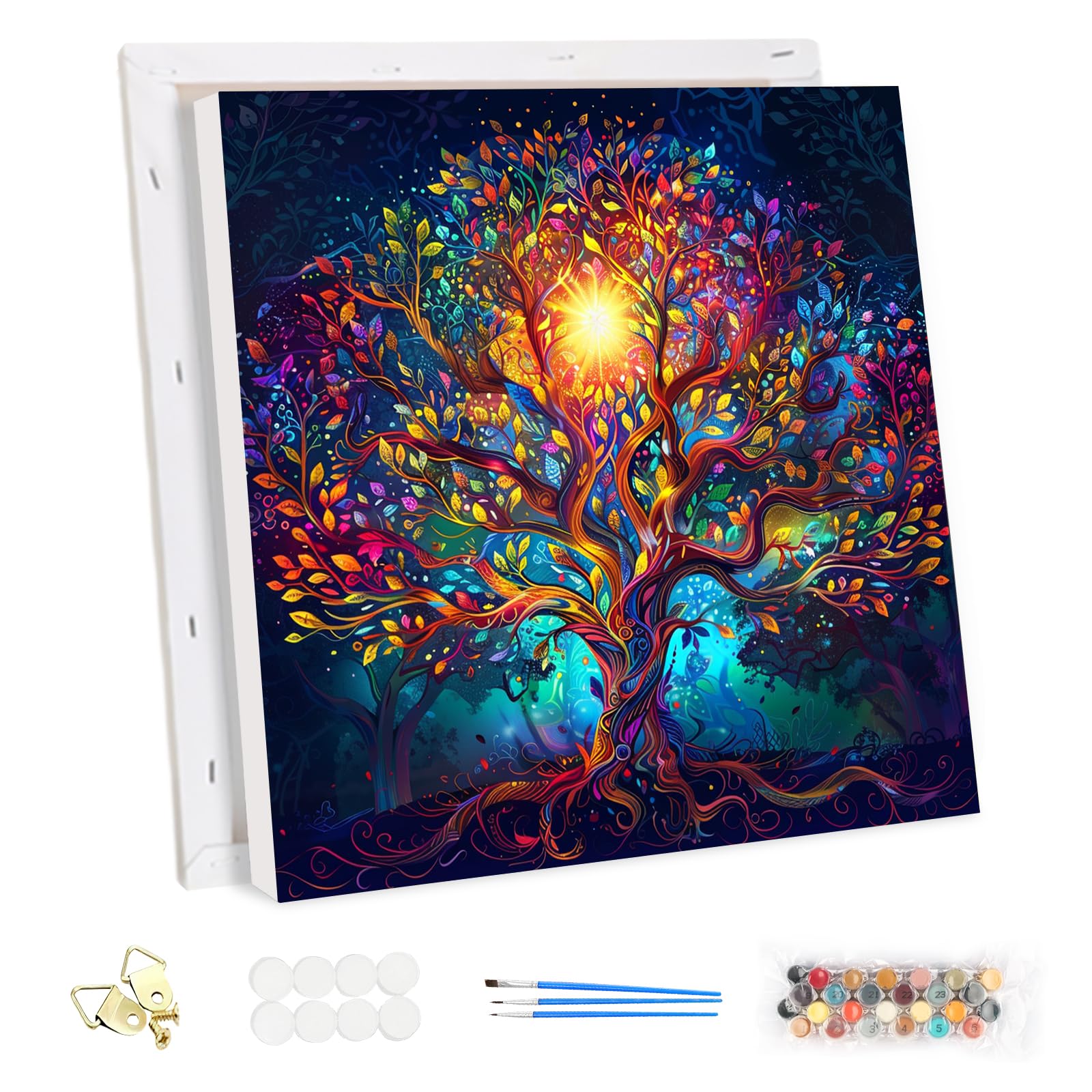 MEIYUDA Pintar por Numeros Adultos con Marco Colorido Árbol de la Vida, DIY Pintura por Numeros Kit Manualidades, Cuadros por Numeros Pigmento Acrílico Decoración para el Hogar Regalo de pared 30x30cm