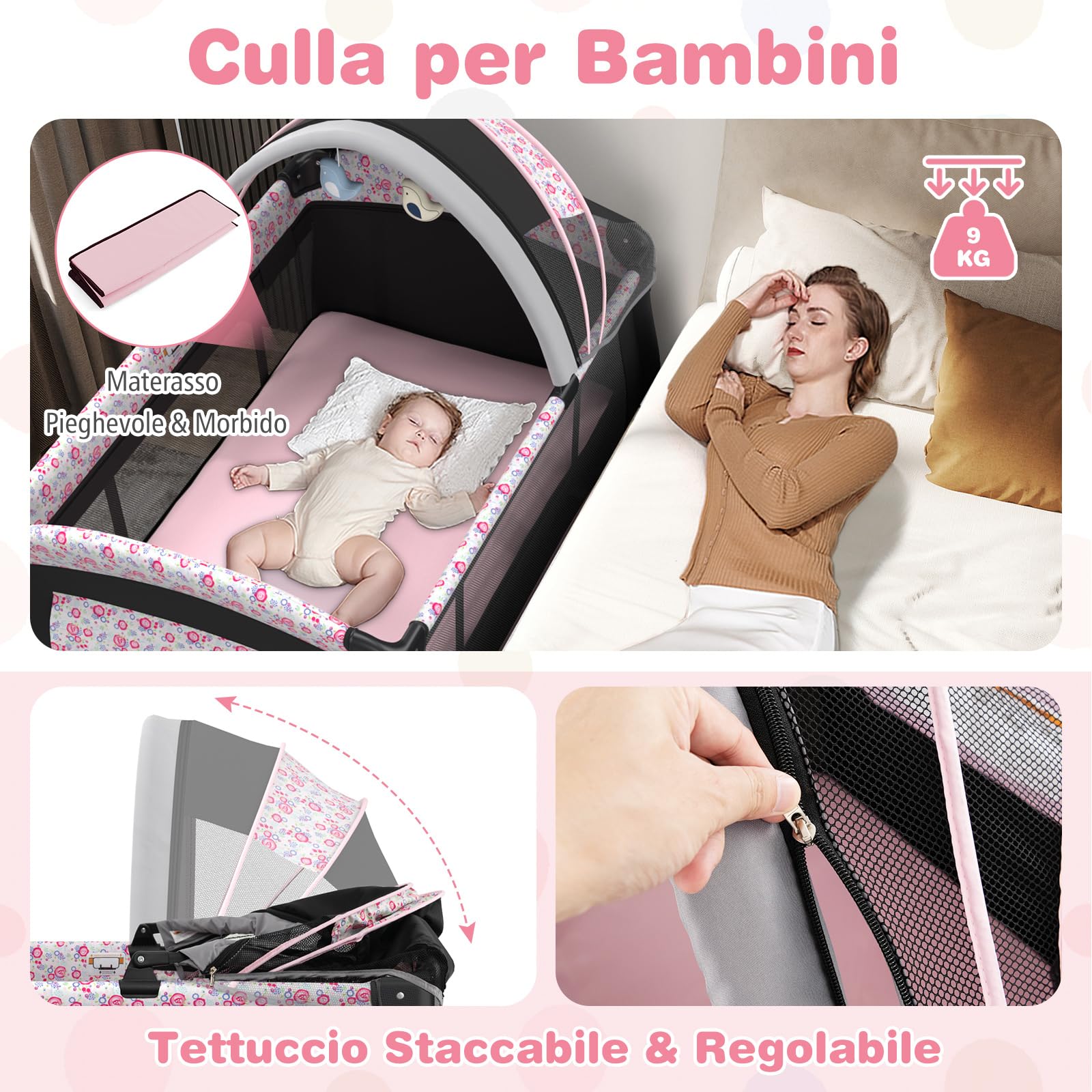 COSTWAY 4 in 1 Lettino Neonato con Materasso, Culla da Campeggio con Fasciatoio Cappottina Regolabile, Ruote Bloccabili, Box Piechevole per Bambini 0-36 Mesi (Fiore Grande)