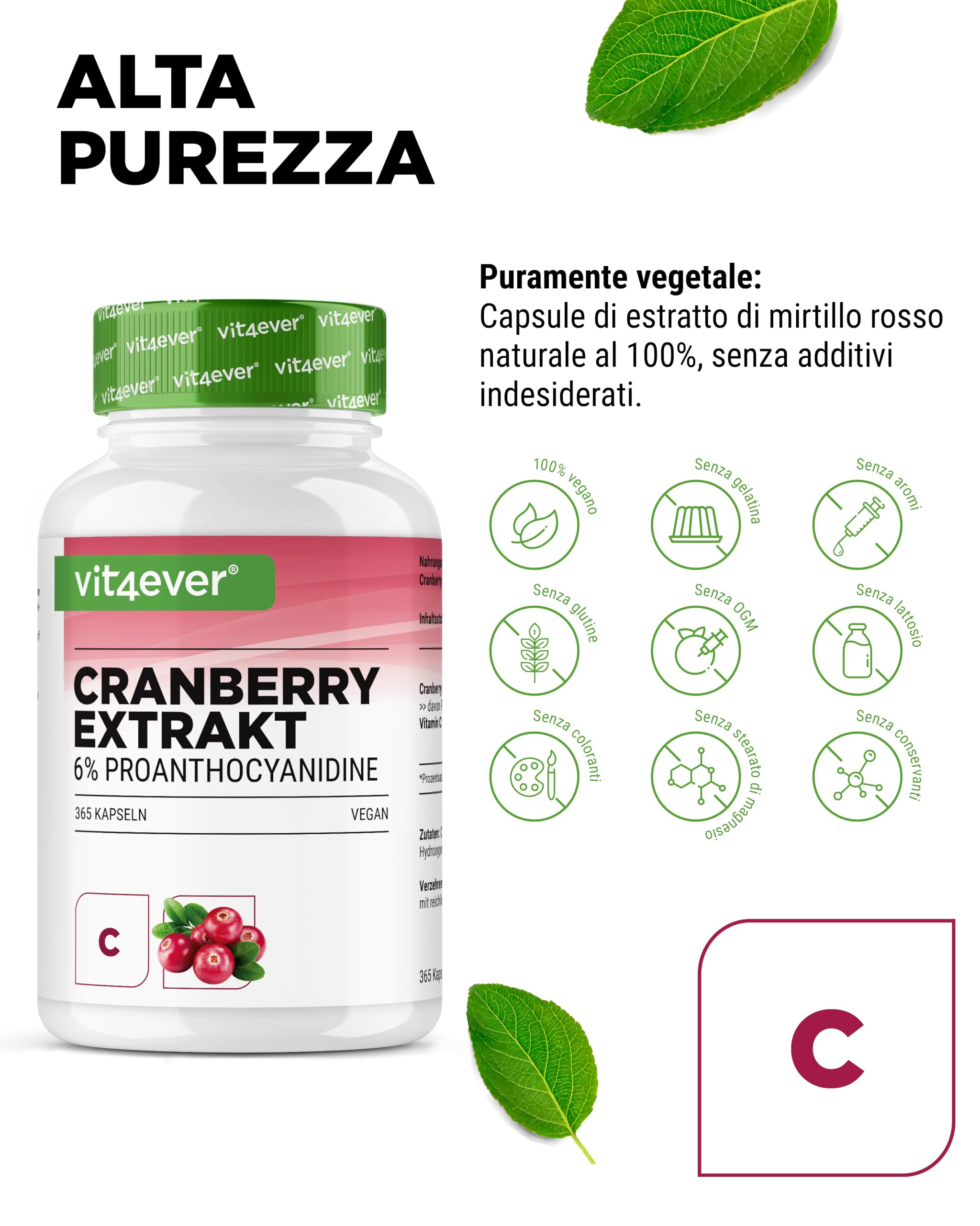 Estratto di mirtillo rosso + Vitamina C – 365 capsule di mirtillo rosso – Estratto 25:1, pari a 25.000 mg – 6% Proantocianidine – Ad alto dosaggio, senza additivi indesiderati, vegano