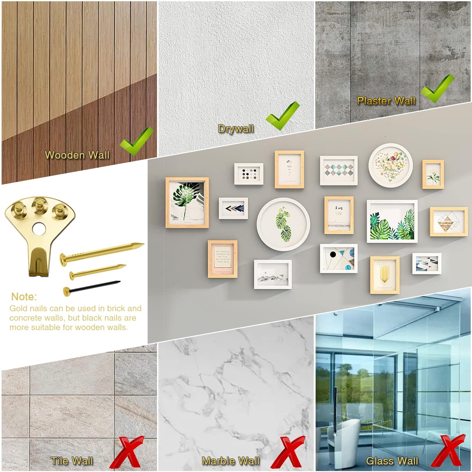 VooGenzek 44 Pezzi Kit Ganci Cornice Pareti Dure, Ganci Metallo Quadri Heavy Duty Immagine con Chiodi