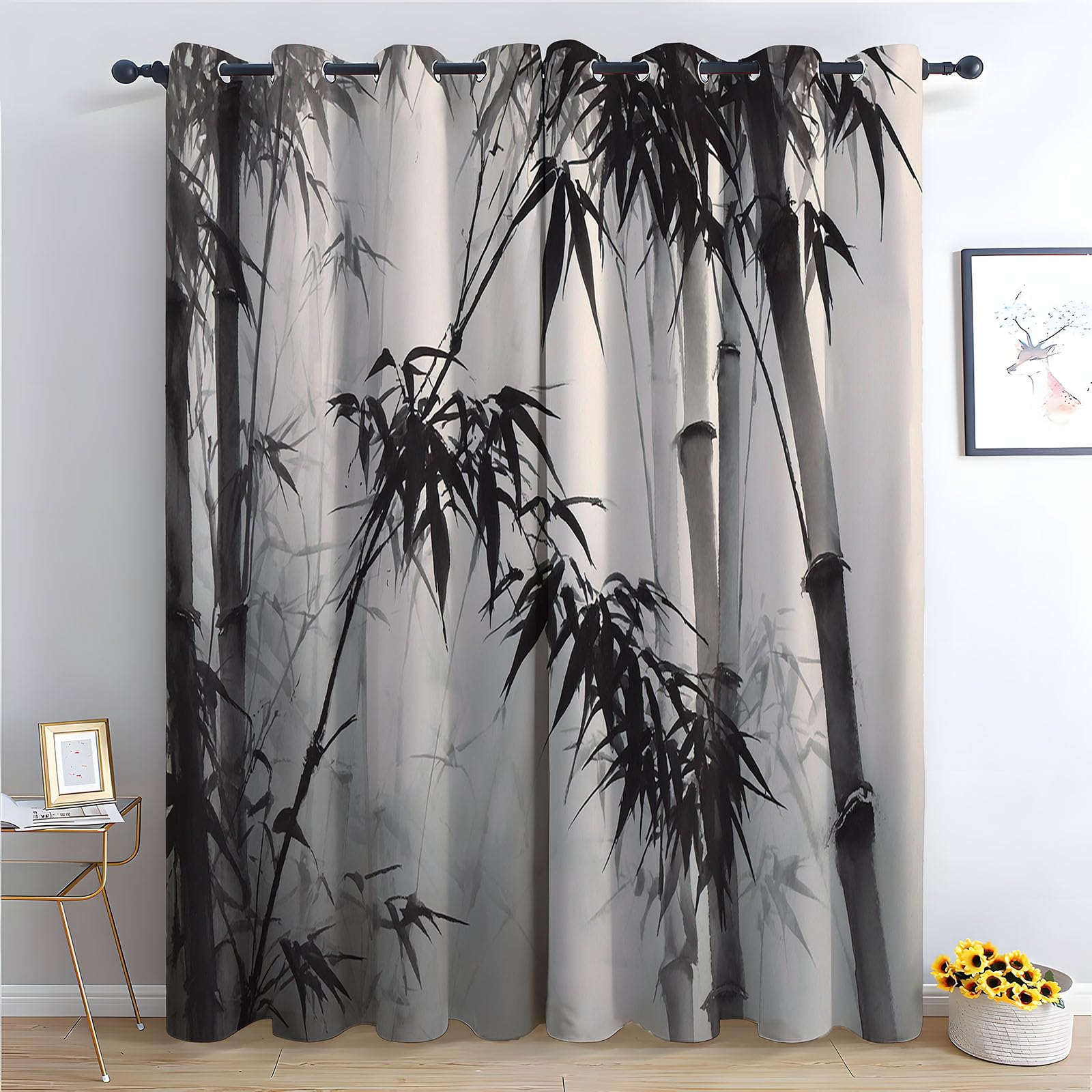 WQBQKKX Plant Curtain Blackout, Spring Botanical Curtains Ink Painting Curtain for Bedroom Flowers Green Leaf Eyelet Thermal Insulated Drapes-52 W x 108" L (Pack of 2)