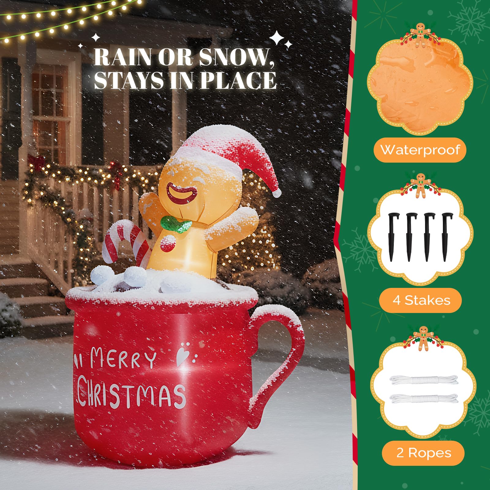 VINGLI Décoration de Noël Gonflable de 1,95 m, Adorable Bonhomme en Pain d'épice se Prélassant dans Une Tasse de Chocolat Chaud, Idéale pour Les Jardins, Pelouses, Fêtes