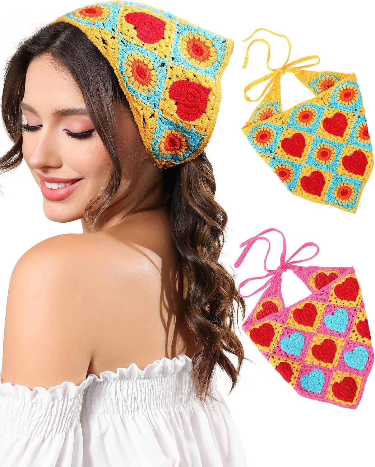 HAIMEIKANG Crochet Bandanas for Women - 2 PCs Heart Hair Bandana Headbands for Women Fashion Hair Scarf Kerchief Head Wraps