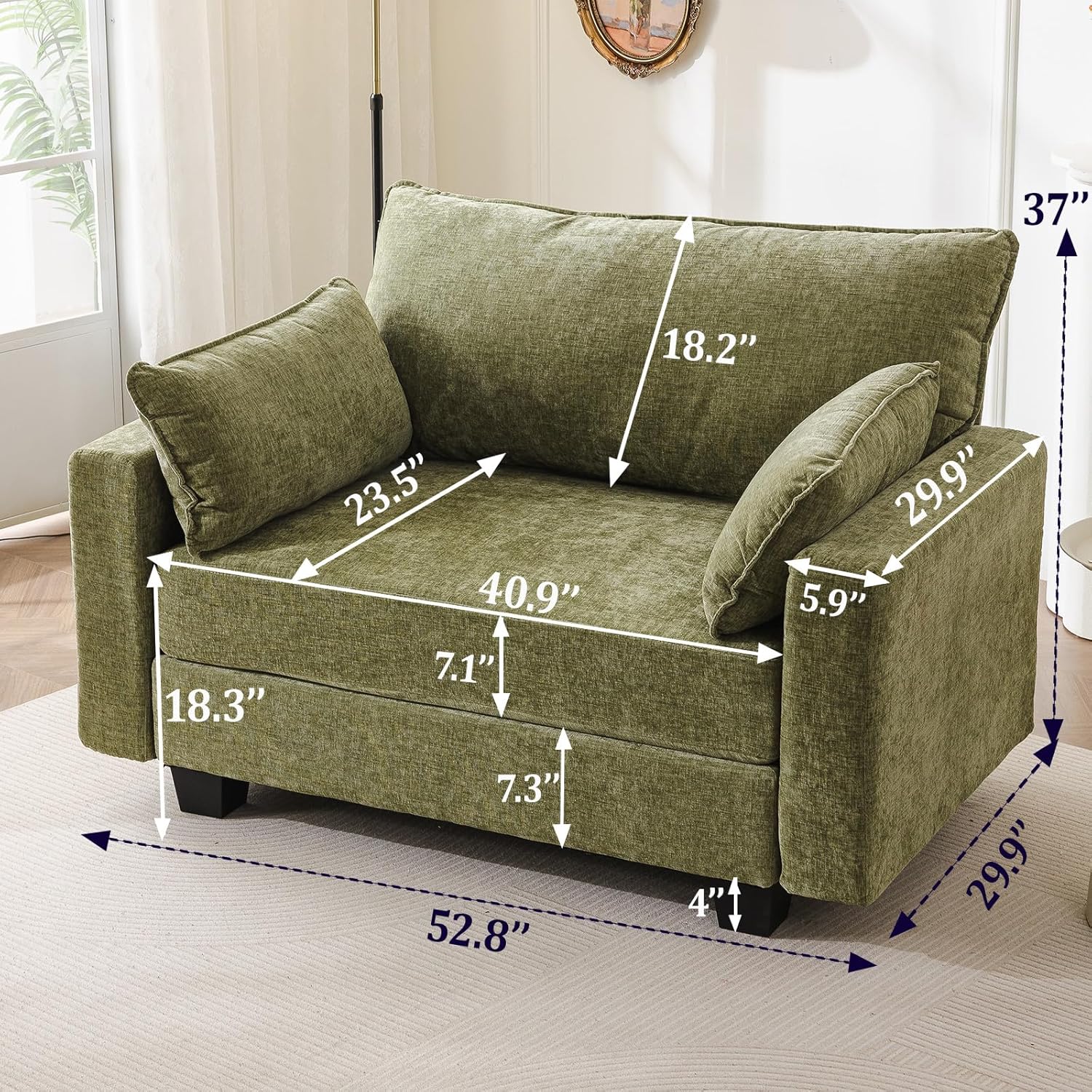 53'' Loveseat Sofa with All Seats Storage, Modular Sectional Couch with Deep Seat,Oversized Comfy Couch with Throw Pillows,Single Sofa Chair for Living Room,Bedroom,Chenille,Green Loveseat Green