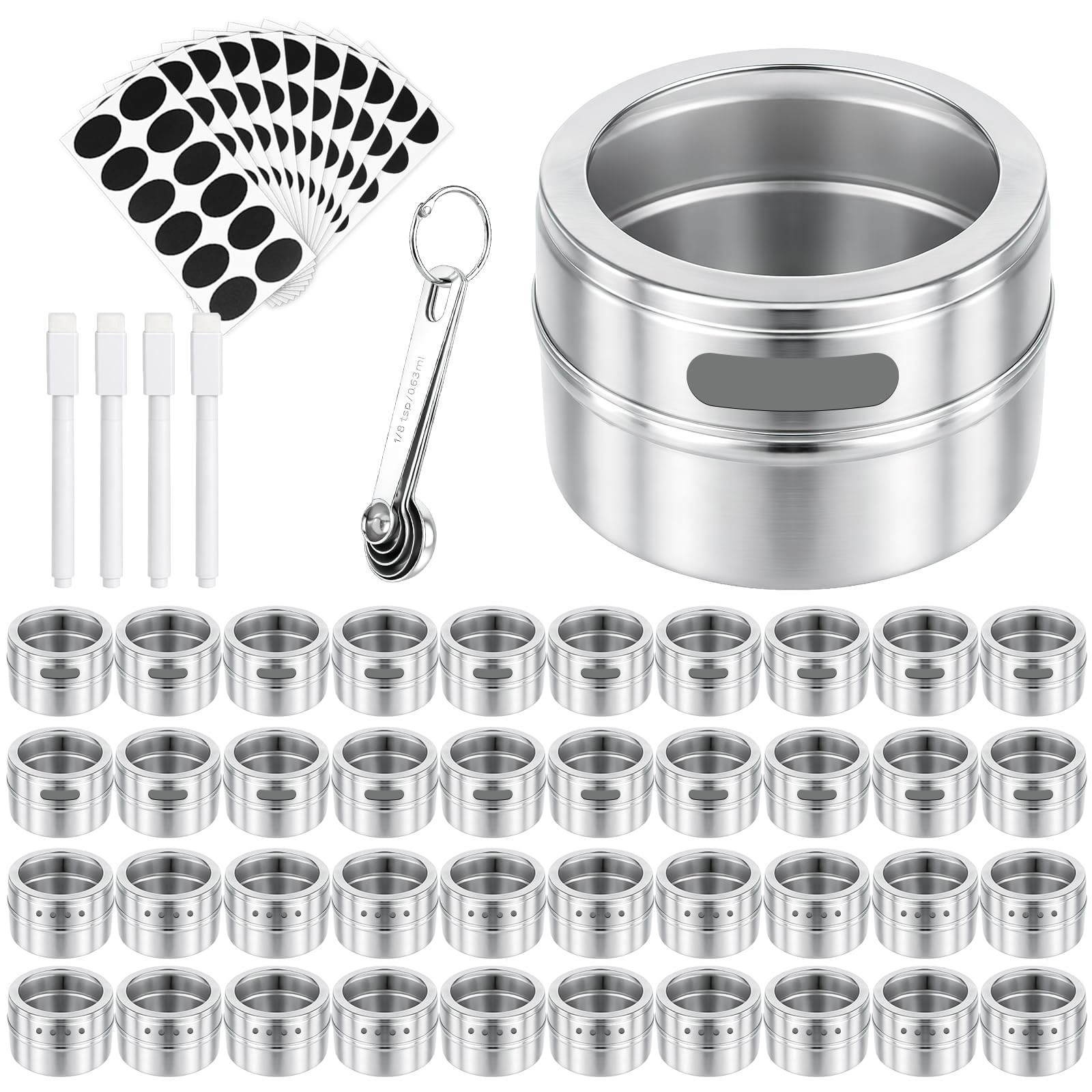 40 Stück Gewürzdosen Magnetisch aus Edelstahl, 89ml / 3oz Magnetische Gewürzbehälter mit Sichtfenster, 10 Blatt Etiketten, 4 Stifte & 5 Messlöffel, Gewürz Organizer für Küche, Kühlschrank & Grill