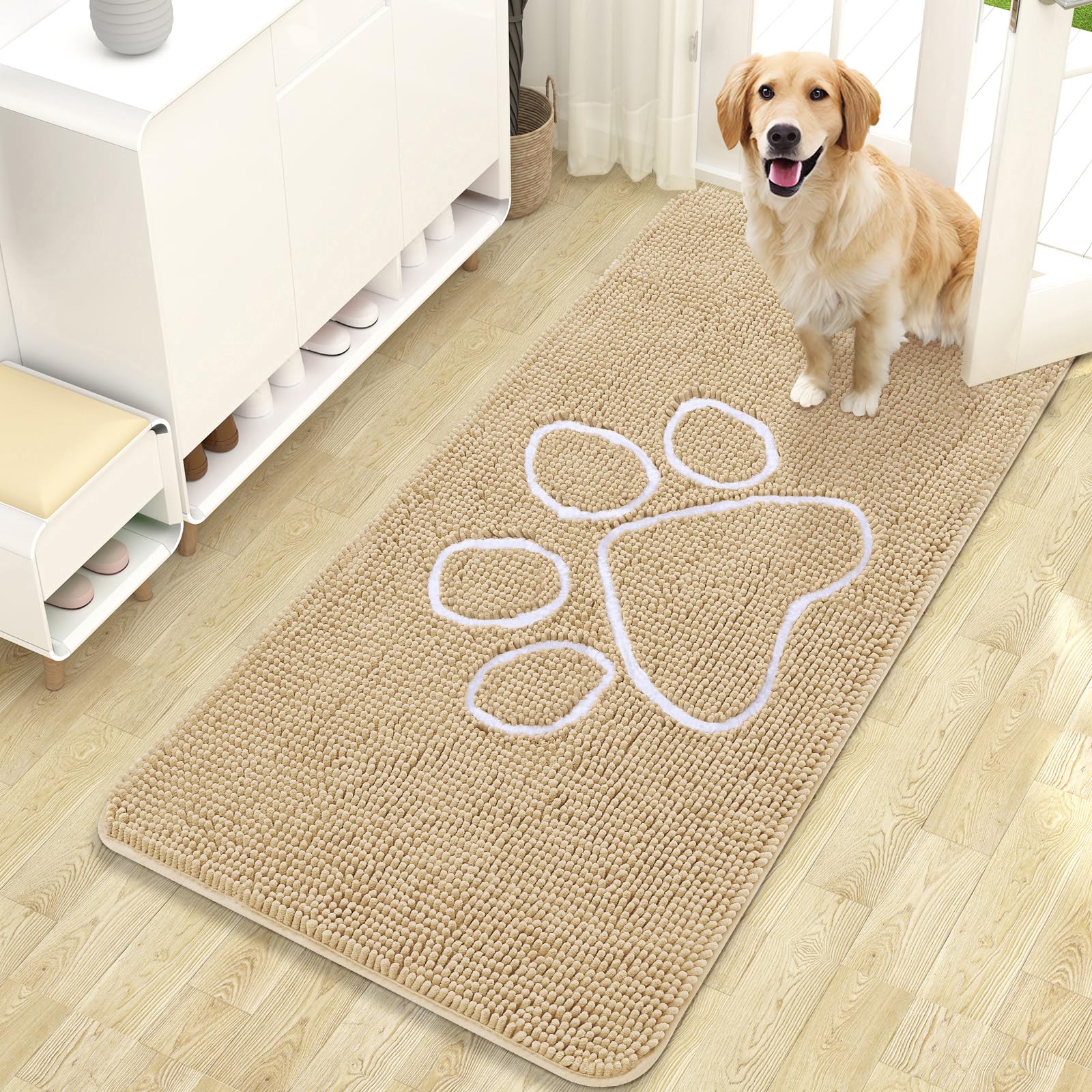 OLANLY Dog Door Mat for Muddy Paws 47x24, Paw Print Design Chenille Mud Mat