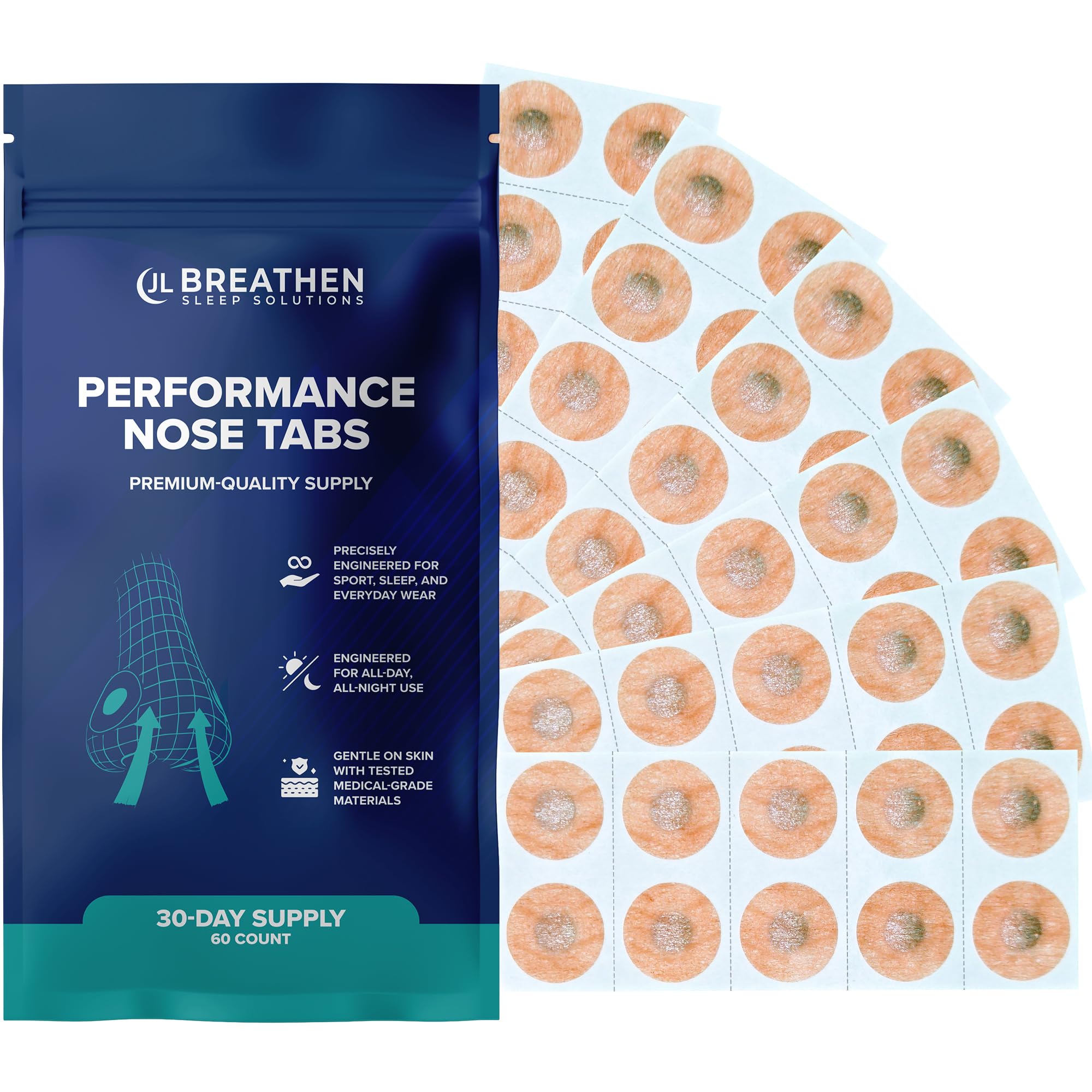 JL Breathen Sleep Solutions Performance Nose Tabs 60 Count 30 Days Premium Skin-Friendly Adhesive for Secure Comfortable All-Day
